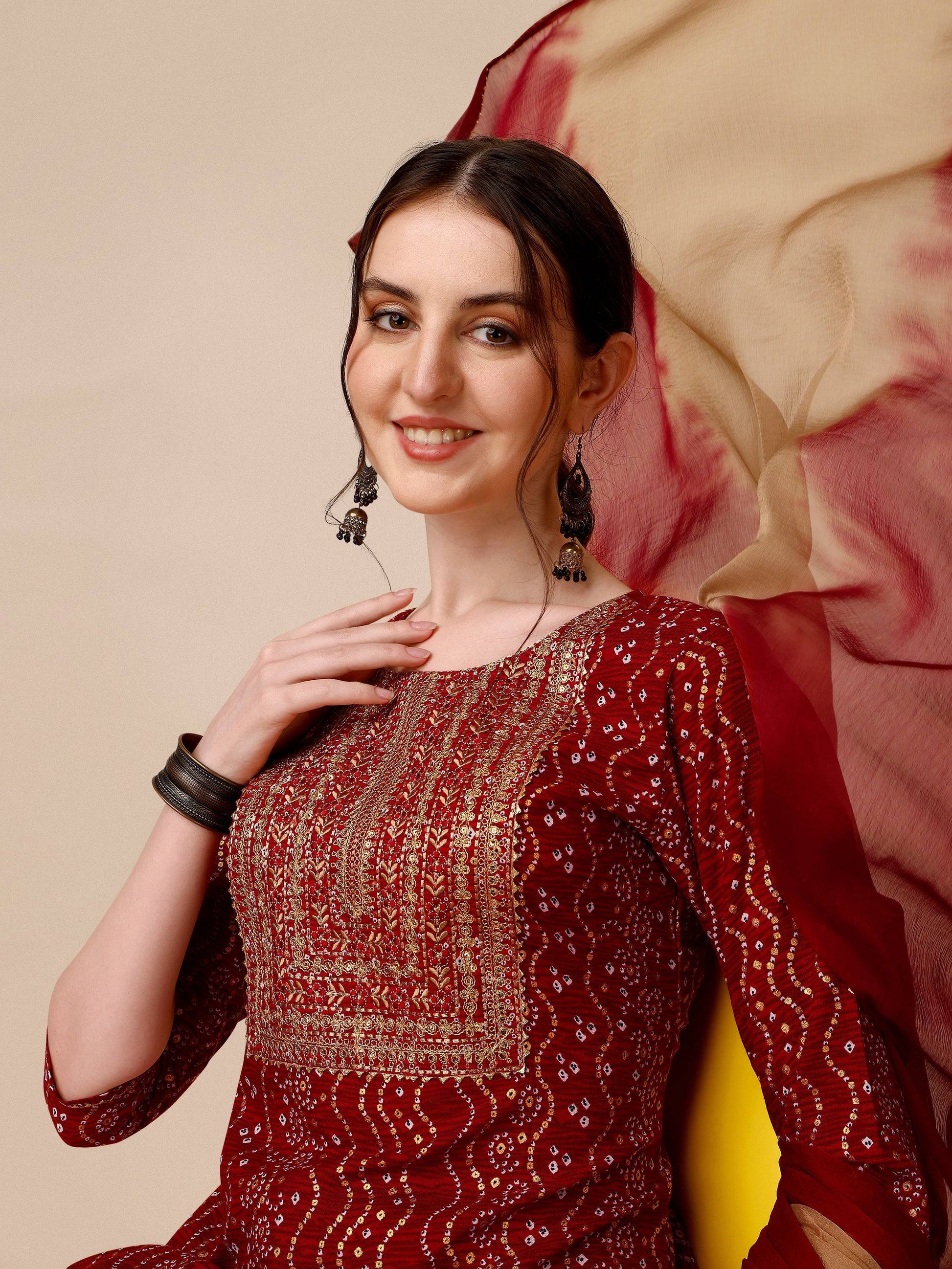 Bandhni Printed & Embroidered Kurta With Pant And Dupatta Set, Multicolor - Hiral Fashion