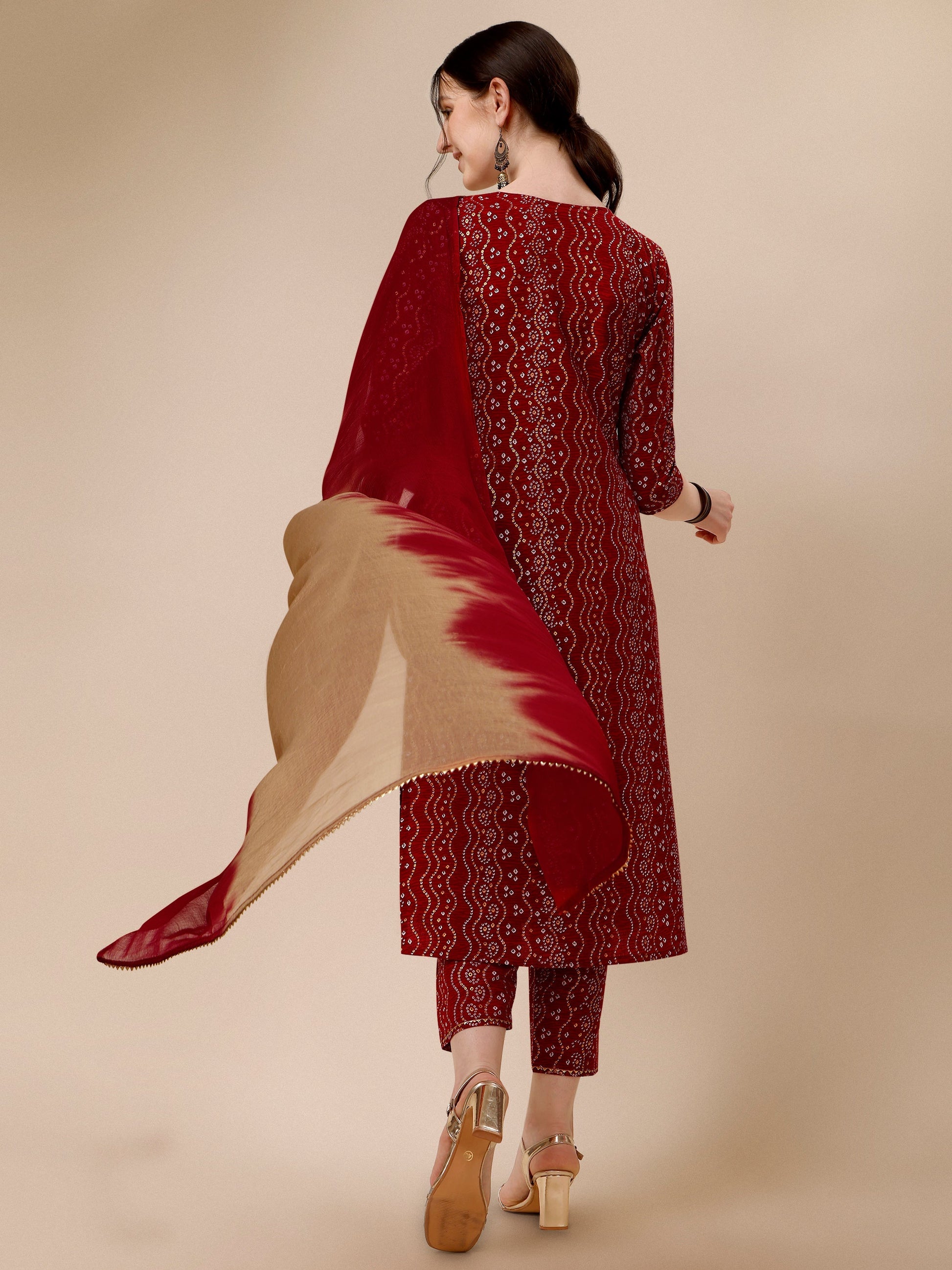 Bandhni Printed & Embroidered Kurta With Pant And Dupatta Set, Multicolor - Hiral Fashion