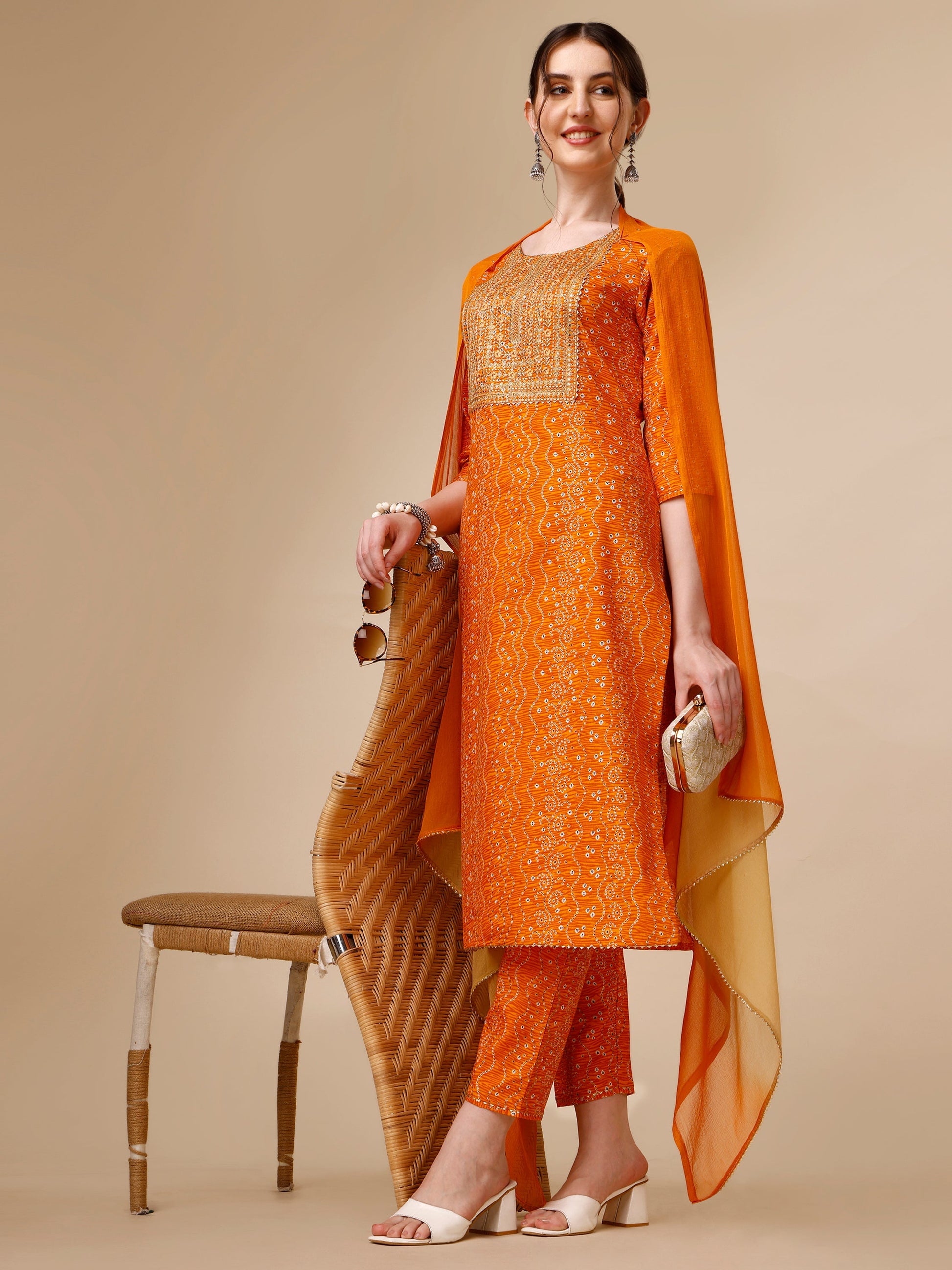 Bandhni Printed & Embroidered Kurta With Pant And Dupatta Set, Multicolor - Hiral Fashion