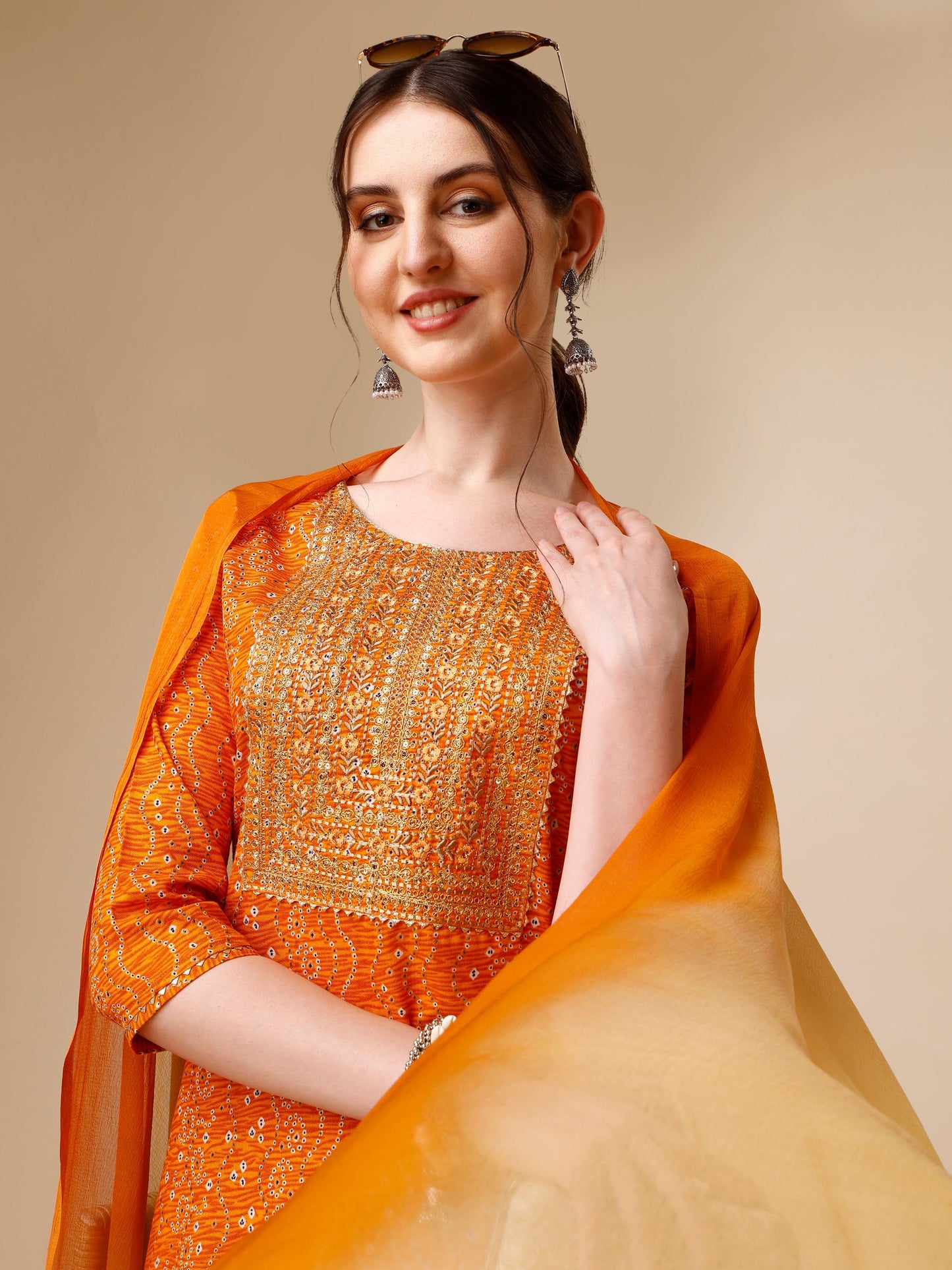 Bandhni Printed & Embroidered Kurta With Pant And Dupatta Set, Multicolor - Hiral Fashion