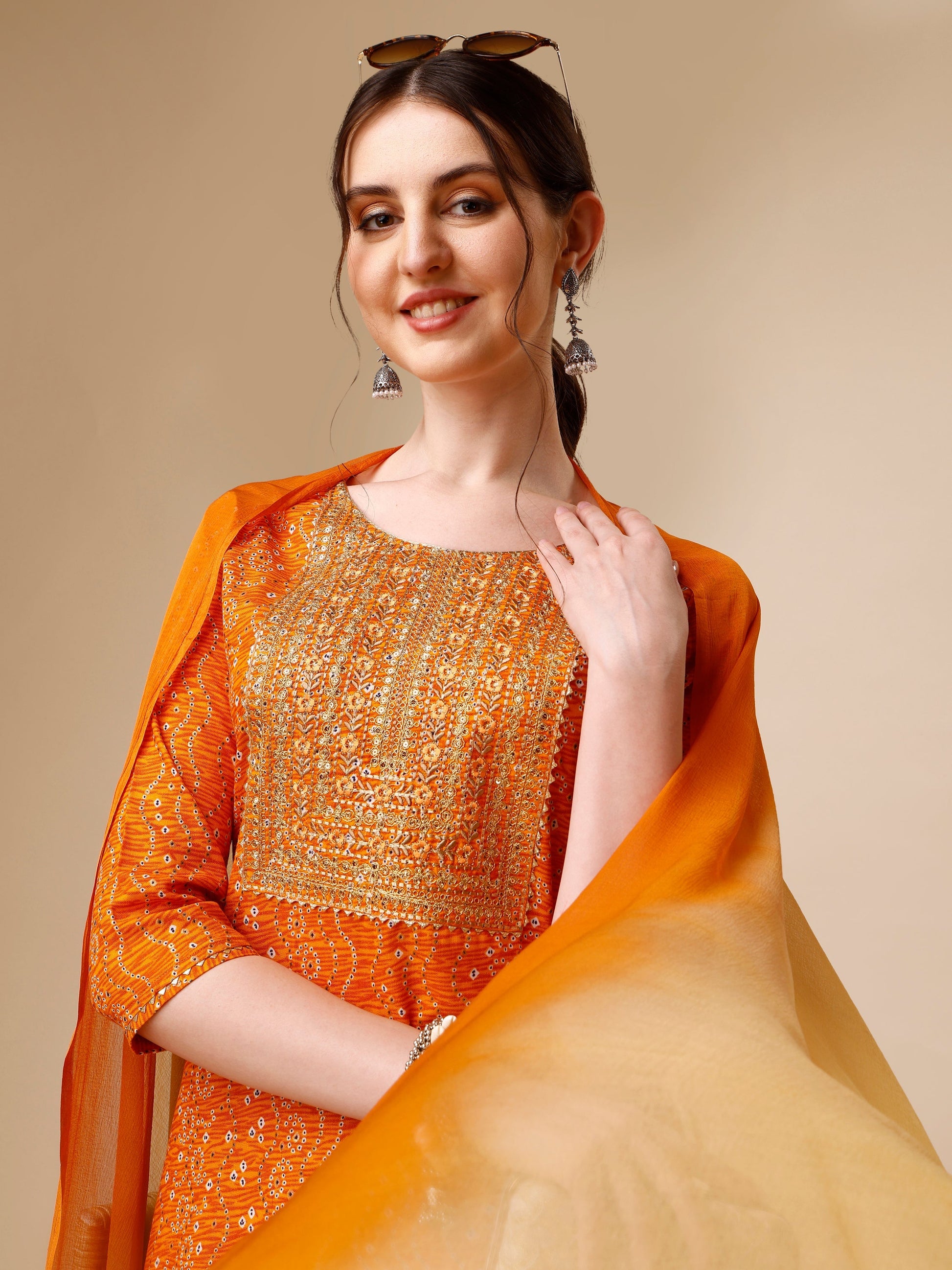 Bandhni Printed & Embroidered Kurta With Pant And Dupatta Set, Multicolor - Hiral Fashion