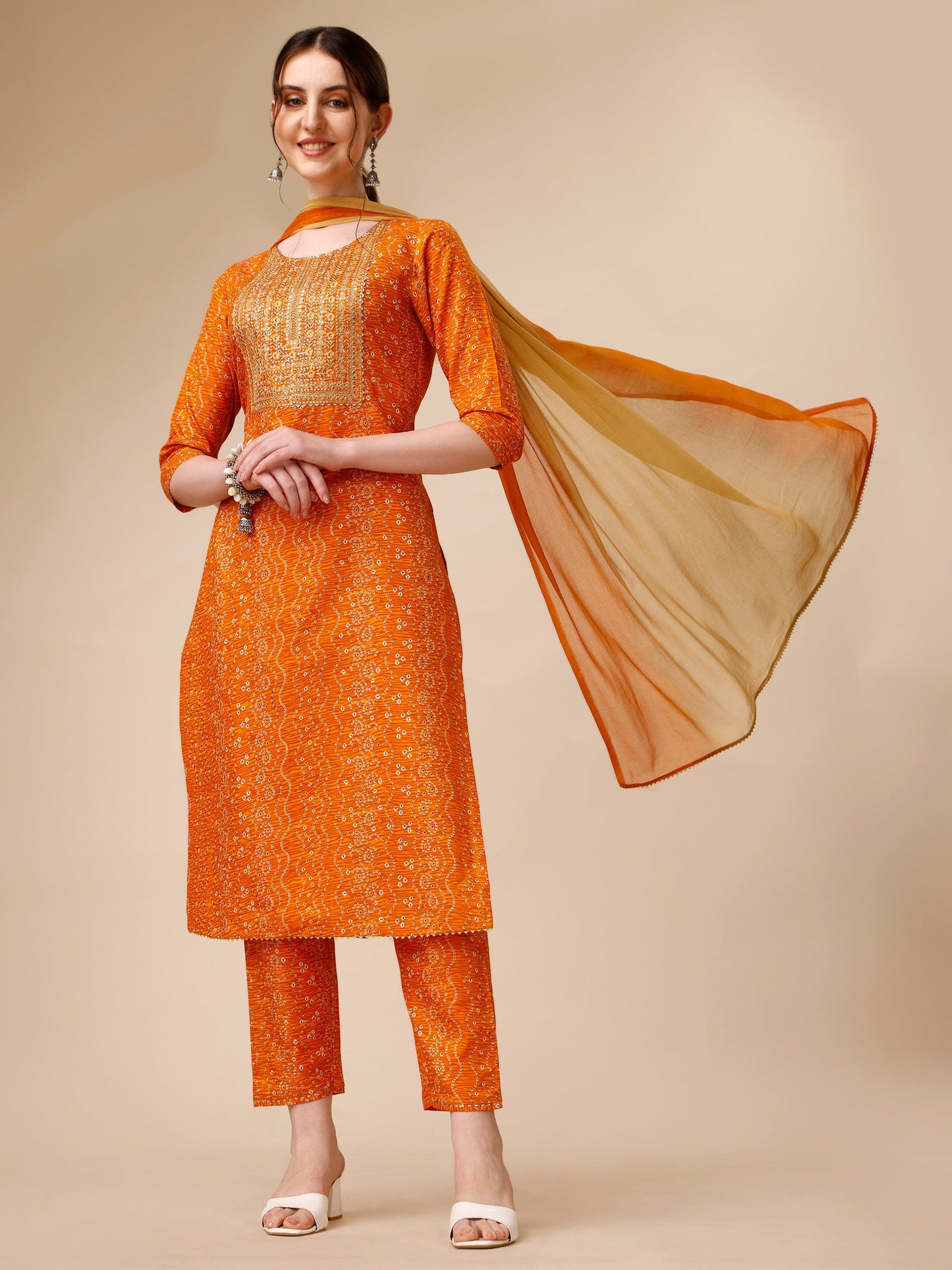 Bandhni Printed & Embroidered Kurta With Pant And Dupatta Set, Multicolor - Hiral Fashion