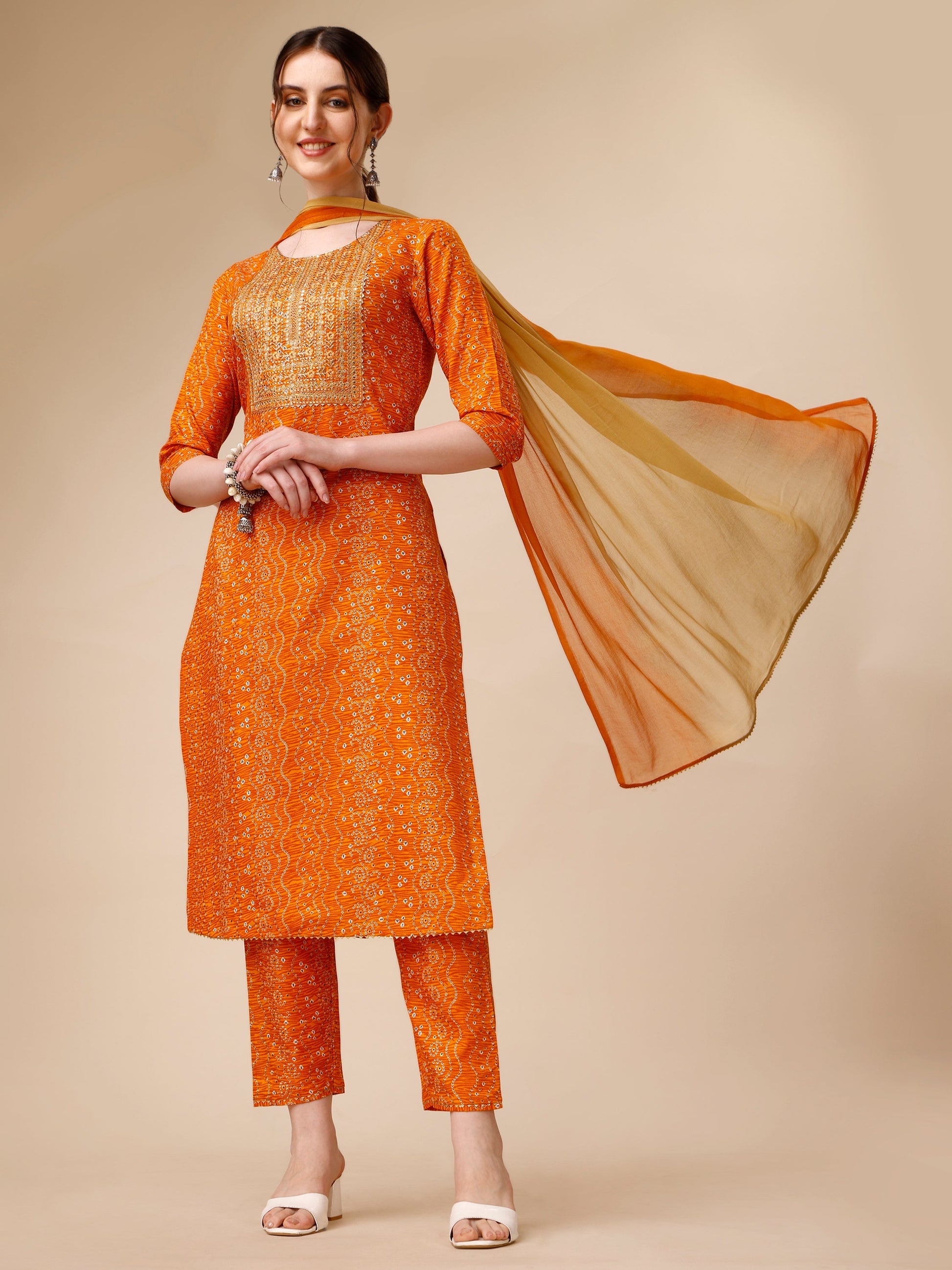 Bandhni Printed & Embroidered Kurta With Pant And Dupatta Set, Multicolor - Hiral Fashion