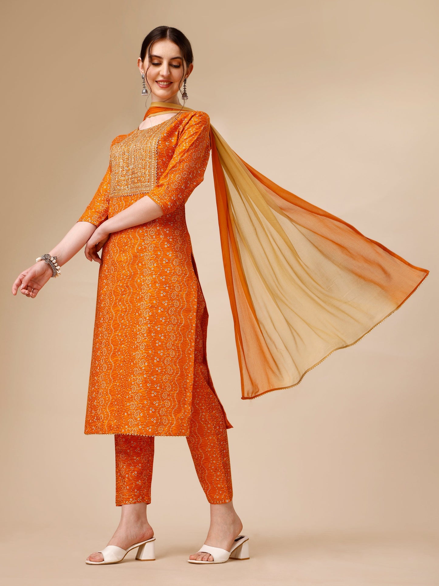 Bandhni Printed & Embroidered Kurta With Pant And Dupatta Set, Multicolor - Hiral Fashion