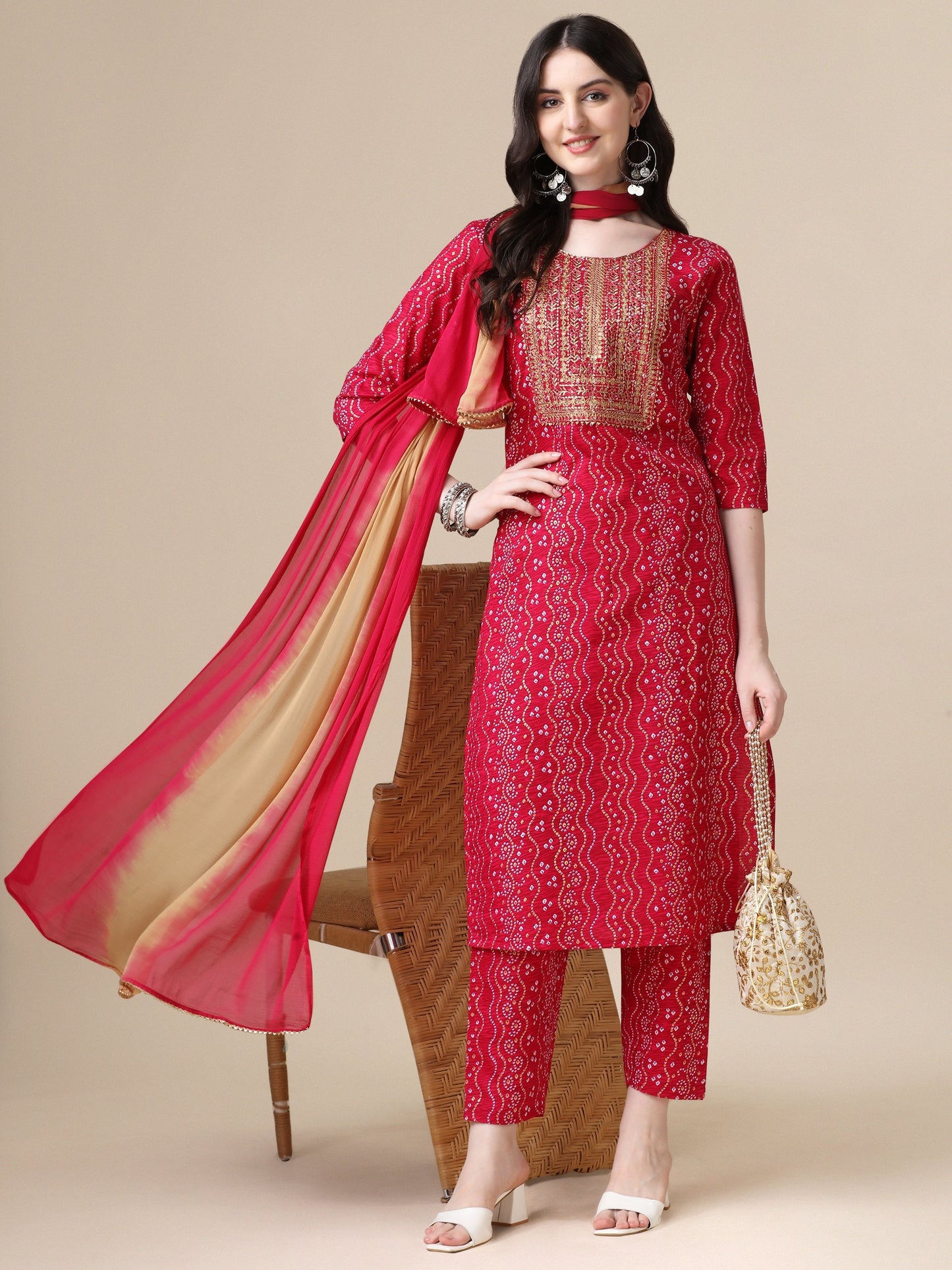 Bandhani Printed & Embroidered Kurta With Pant & Dupatta Set, Multicolor - Hiral Fashion