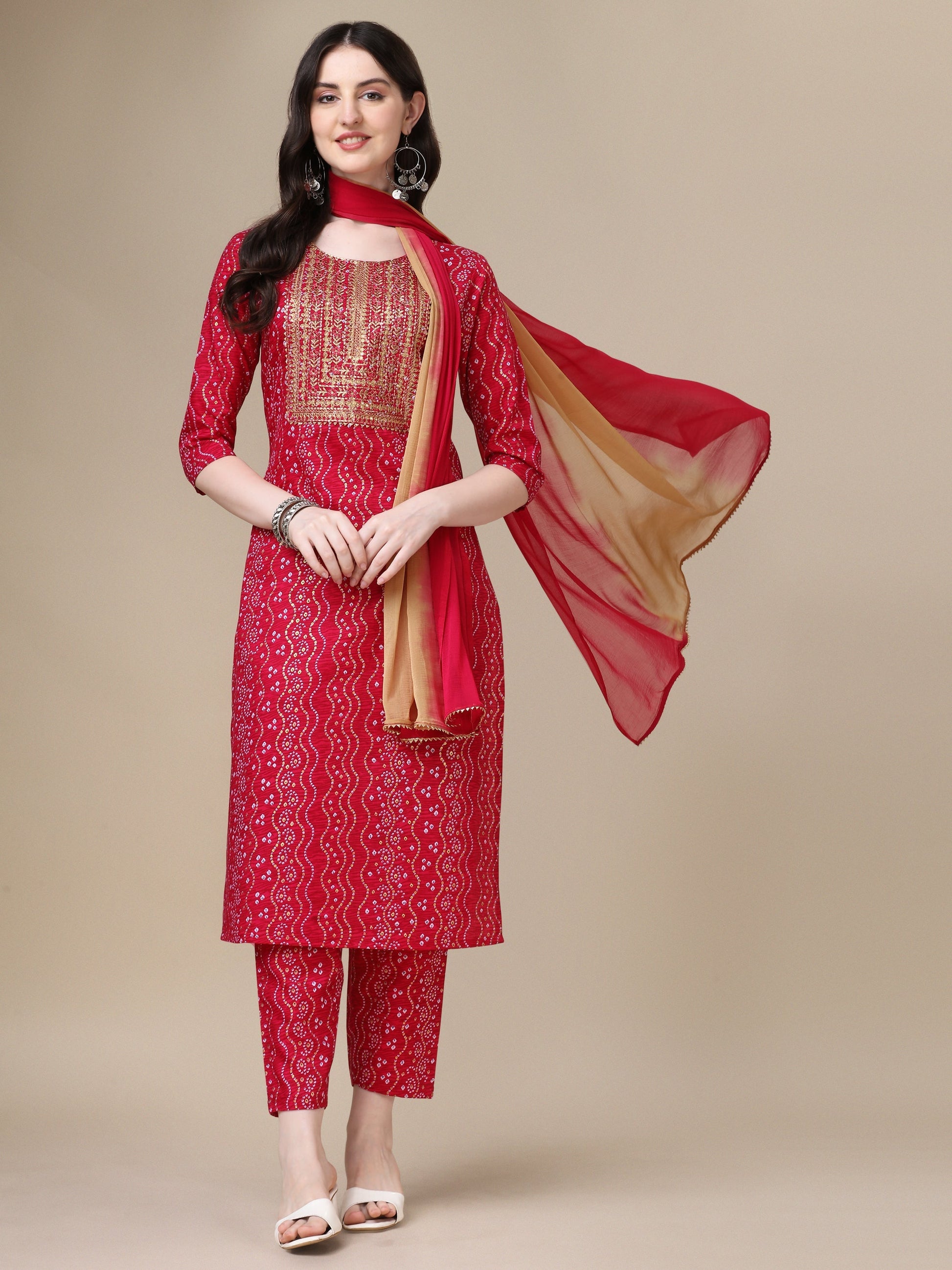Bandhani Printed & Embroidered Kurta With Pant & Dupatta Set, Multicolor - Hiral Fashion