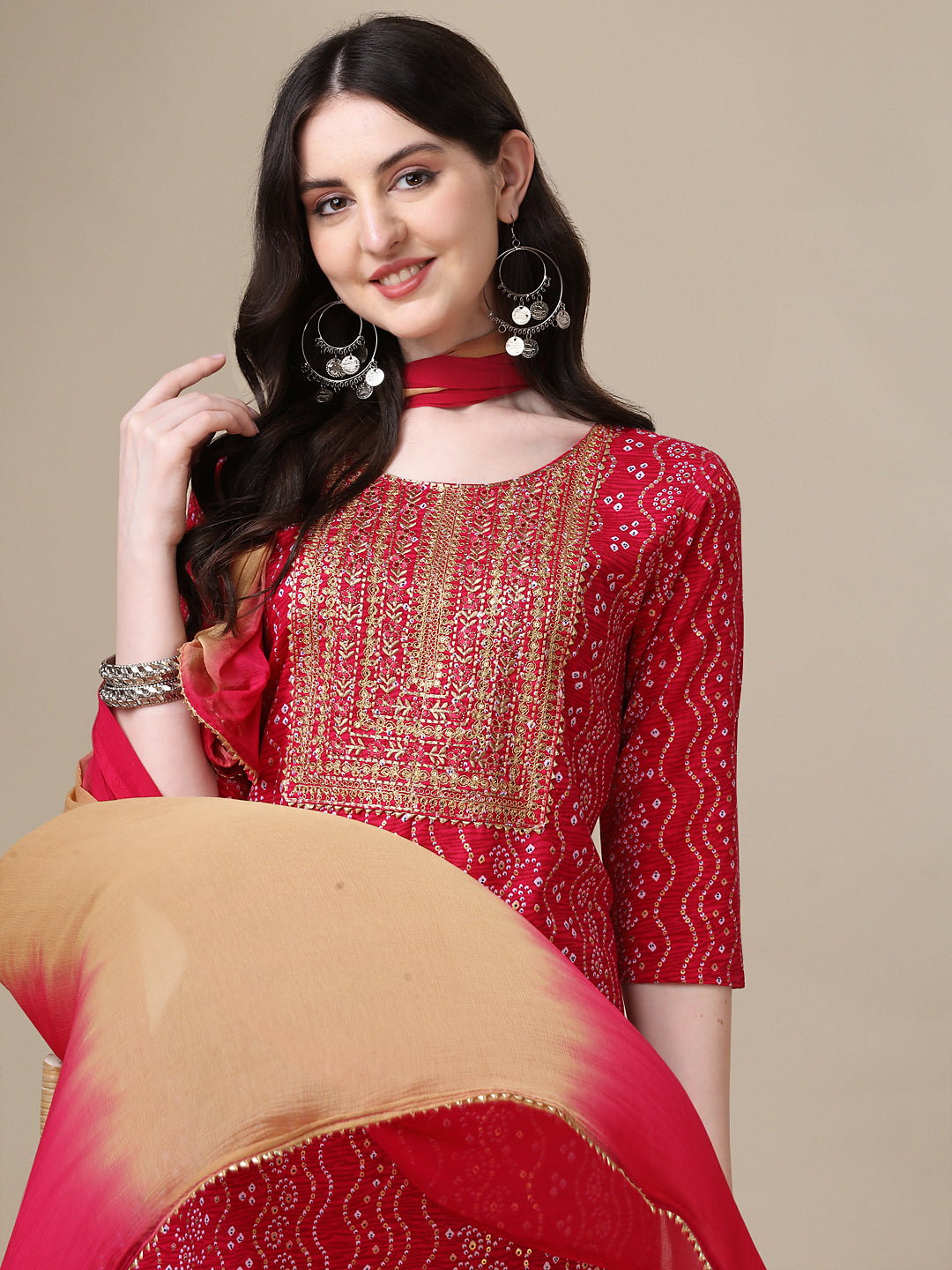 Bandhani Printed & Embroidered Kurta With Pant & Dupatta Set, Multicolor - Hiral Fashion