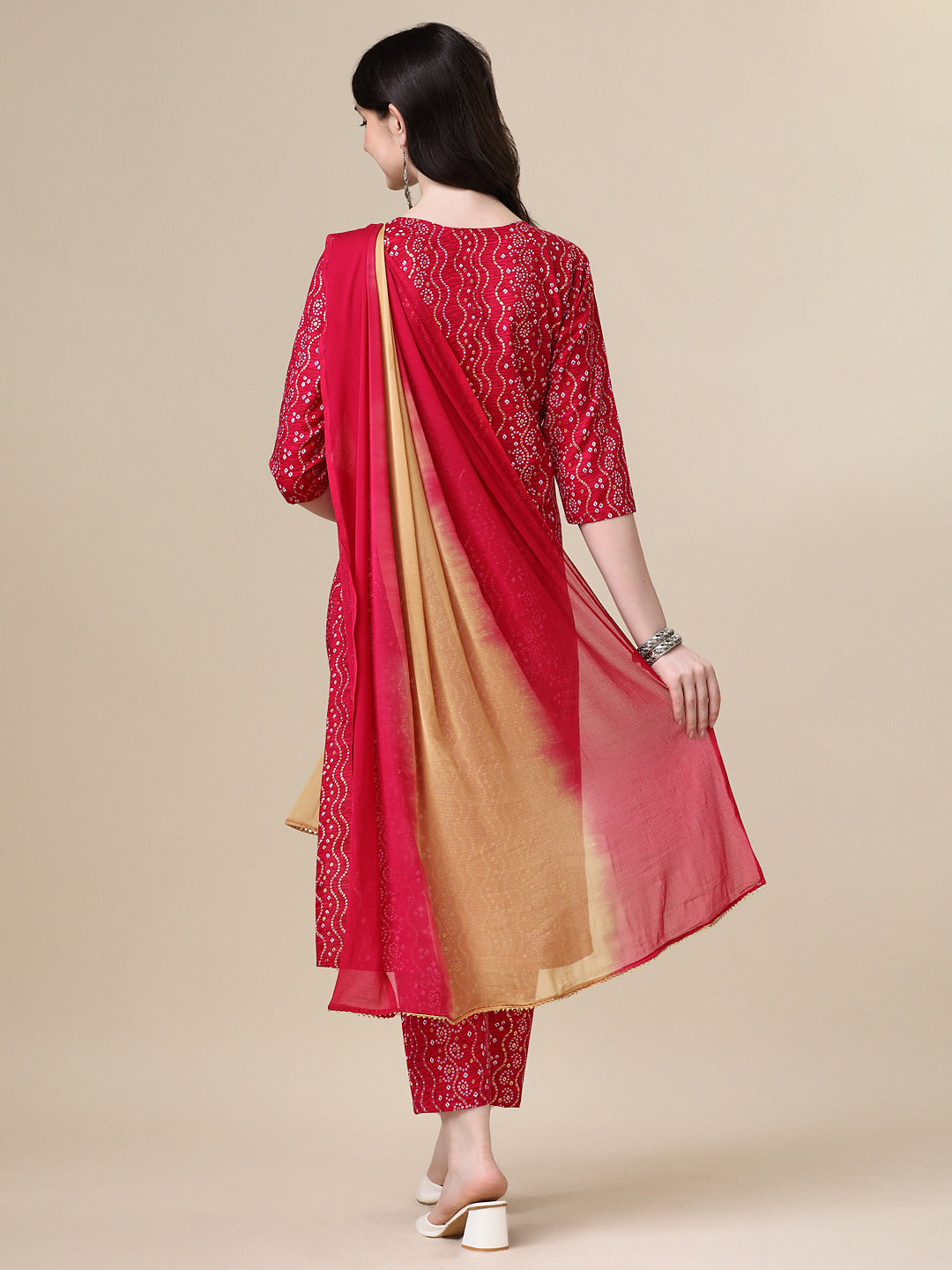 Bandhani Printed & Embroidered Kurta With Pant & Dupatta Set, Multicolor - Hiral Fashion