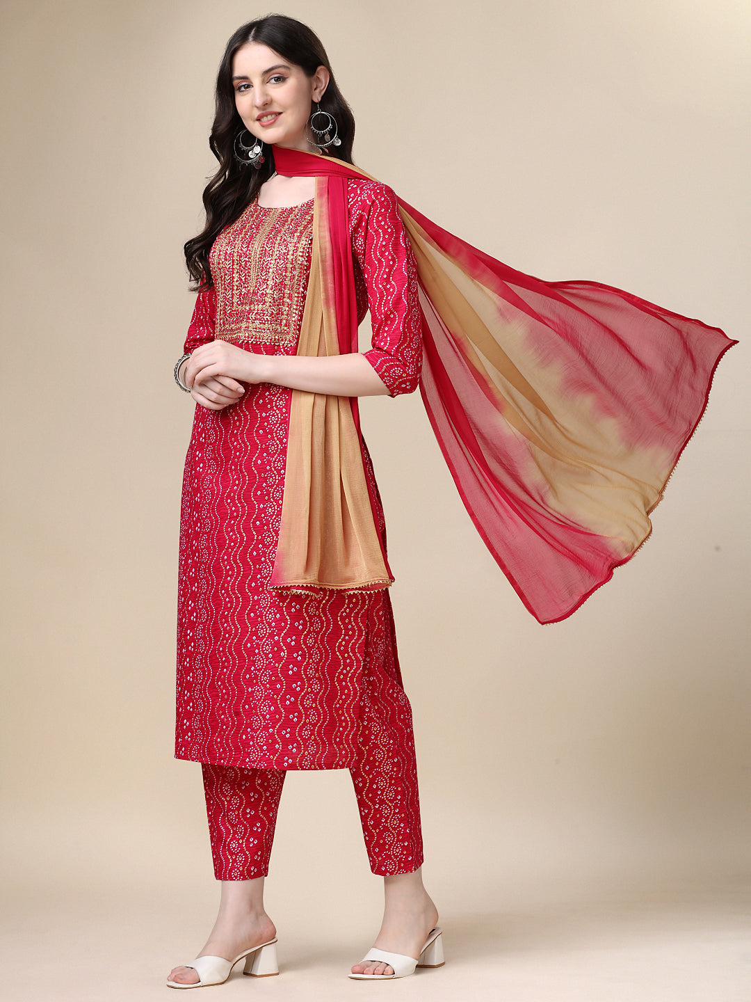 Bandhani Printed & Embroidered Kurta With Pant & Dupatta Set, Multicolor - Hiral Fashion