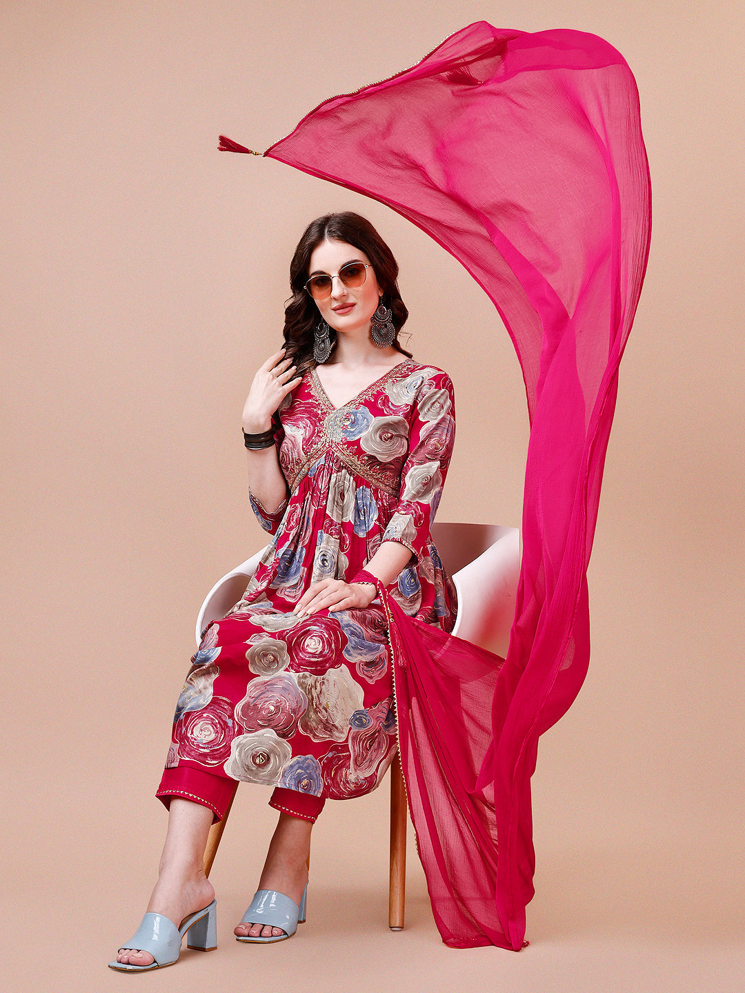 Alia Cut Floral Printed & Embroidered Rayon Kurta With Pant & Dupatta, Multicolor - Hiral Fashion