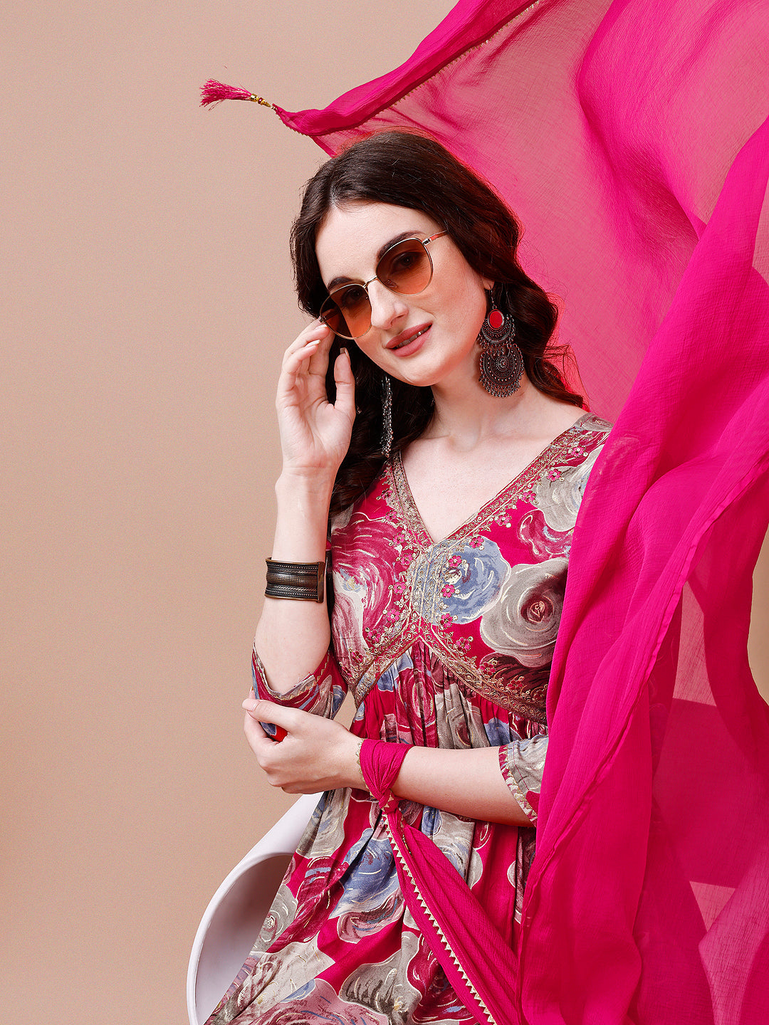 Alia Cut Floral Printed & Embroidered Rayon Kurta With Pant & Dupatta, Multicolor - Hiral Fashion