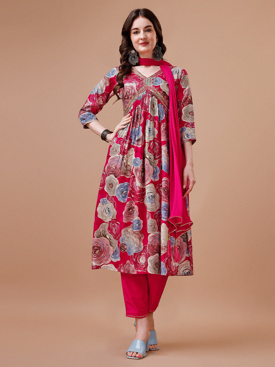 Alia Cut Floral Printed & Embroidered Rayon Kurta With Pant & Dupatta, Multicolor - Hiral Fashion