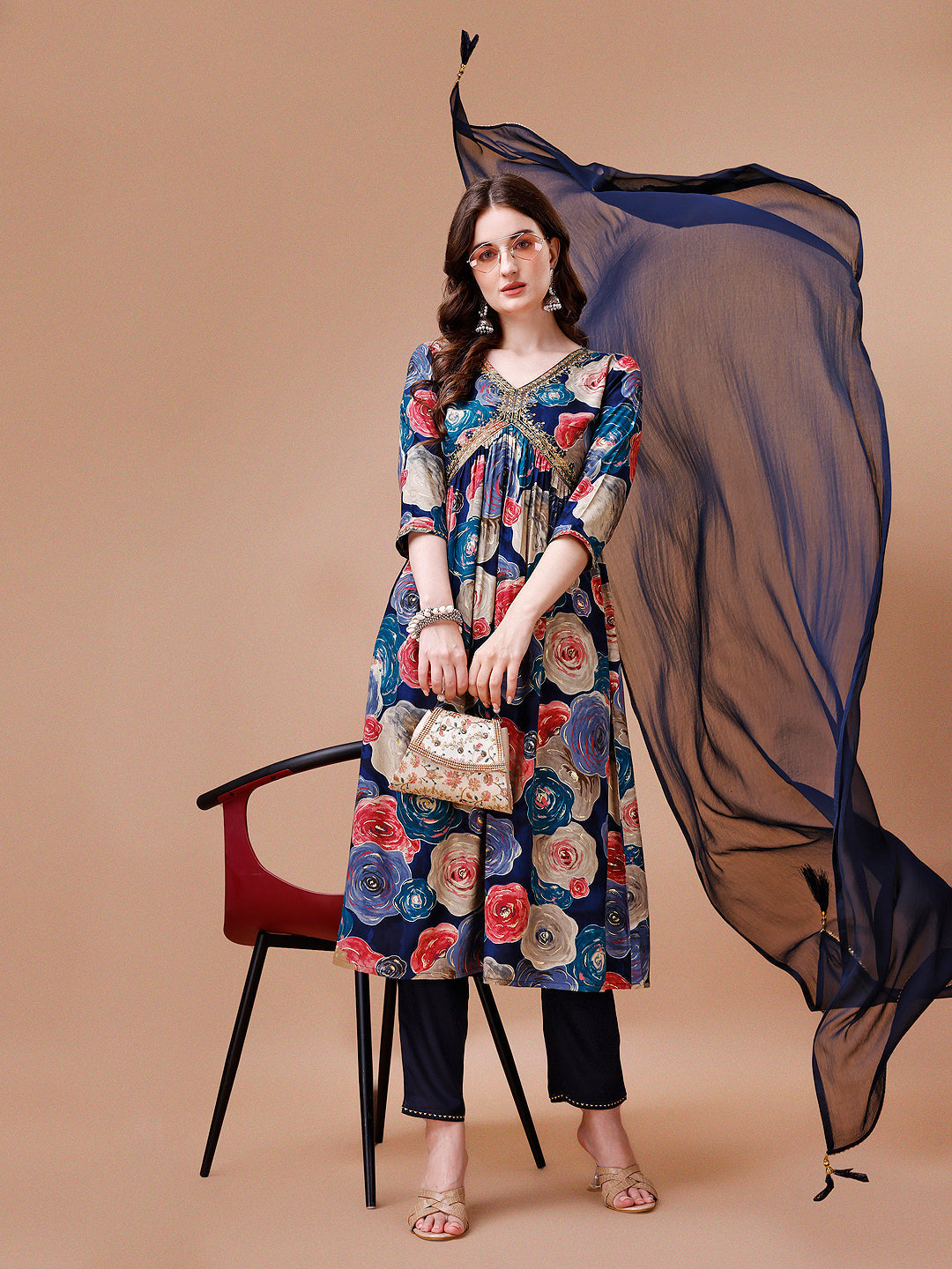 Alia Cut Floral Printed & Embroidered Rayon Kurta With Pant & Dupatta, Multicolor - Hiral Fashion