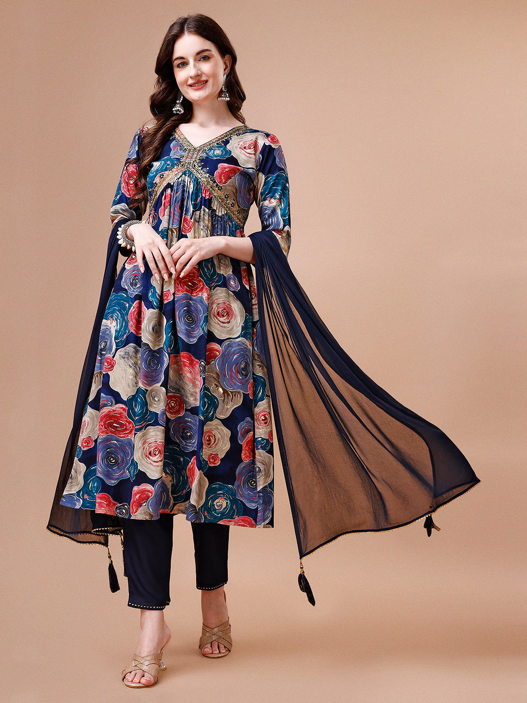 Alia Cut Floral Printed & Embroidered Rayon Kurta With Pant & Dupatta, Multicolor - Hiral Fashion