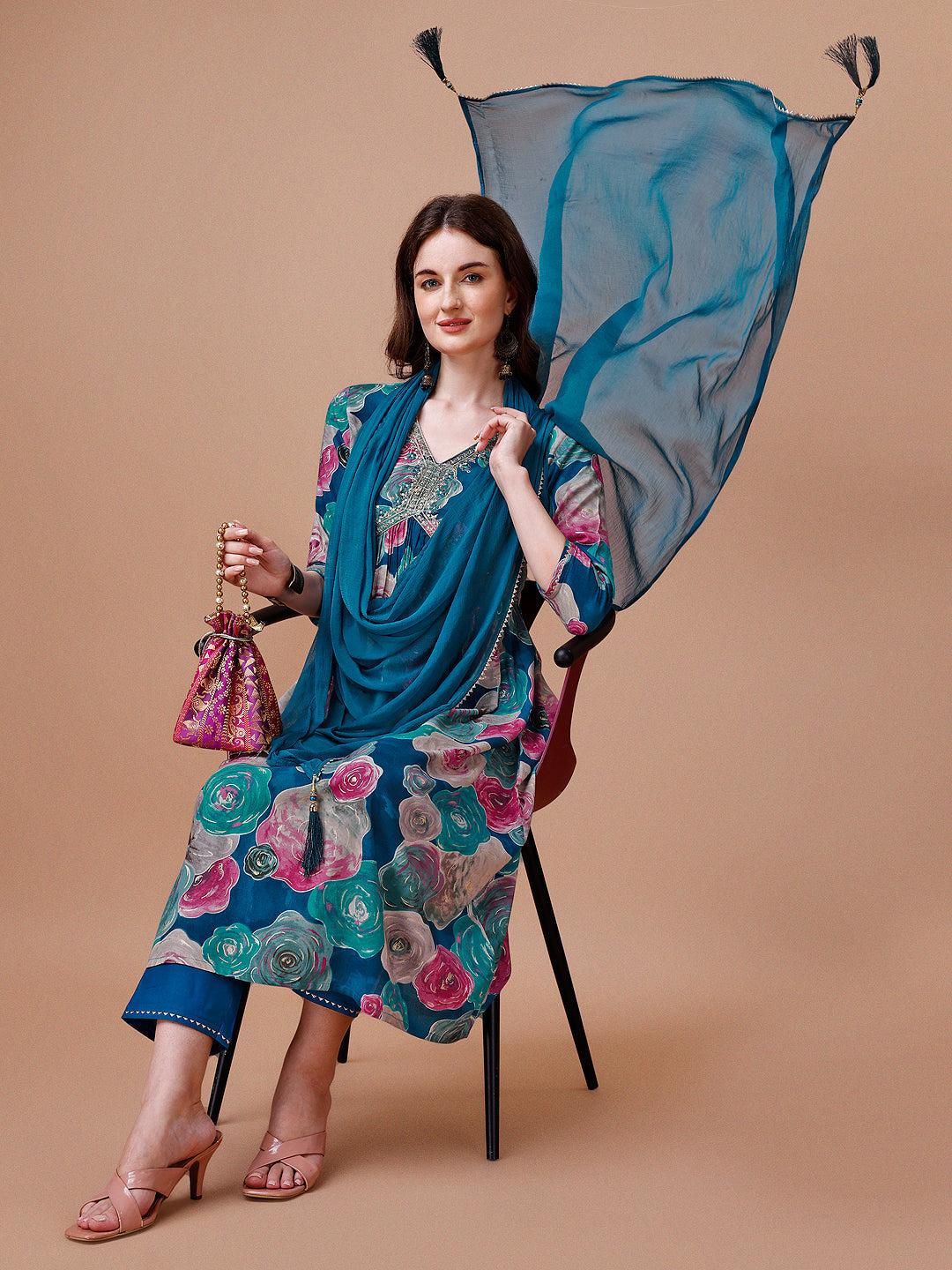 Alia Cut Floral Printed & Embroidered Rayon Kurta With Pant & Dupatta, Multicolor - Hiral Fashion