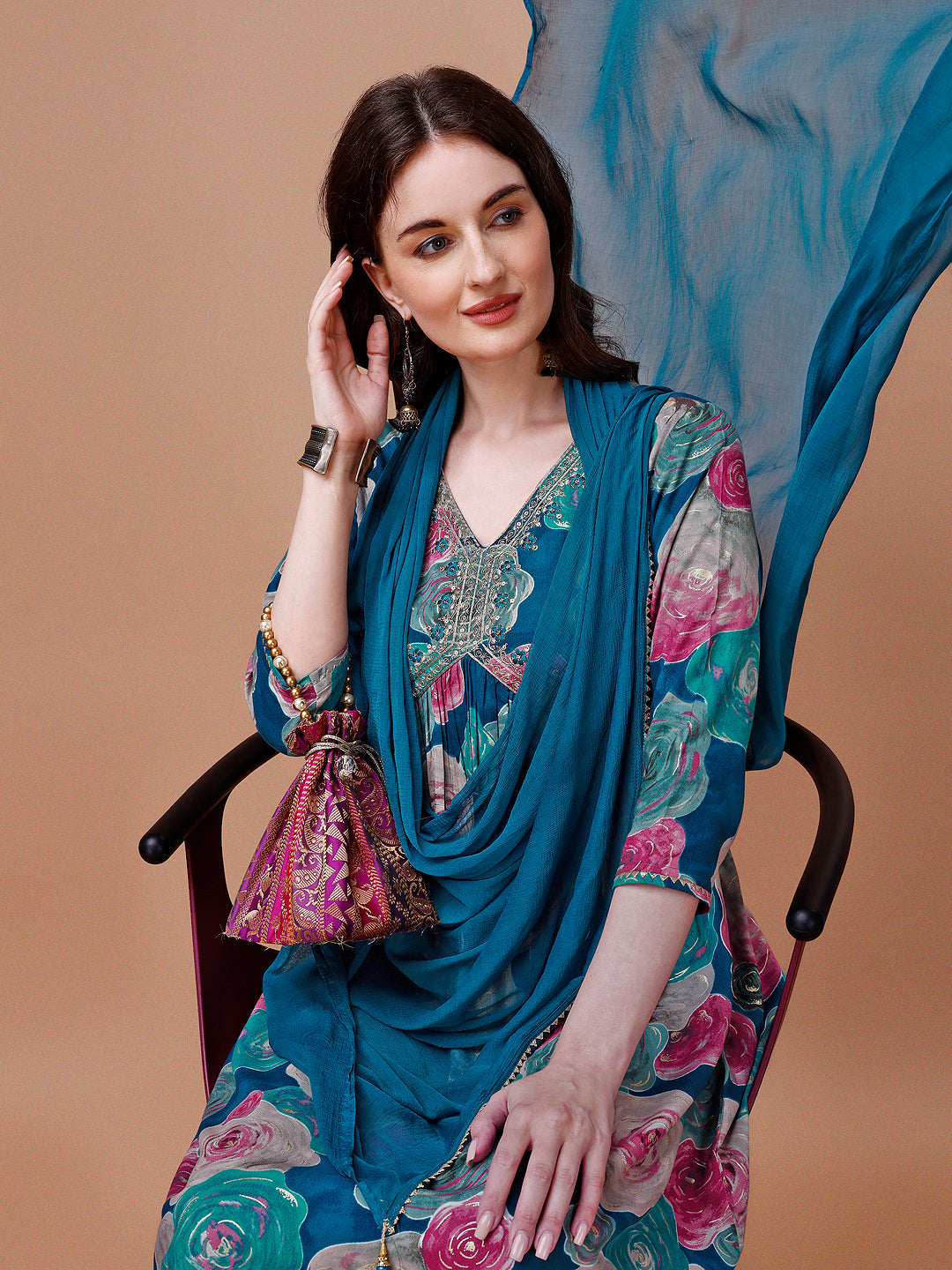 Alia Cut Floral Printed & Embroidered Rayon Kurta With Pant & Dupatta, Multicolor - Hiral Fashion