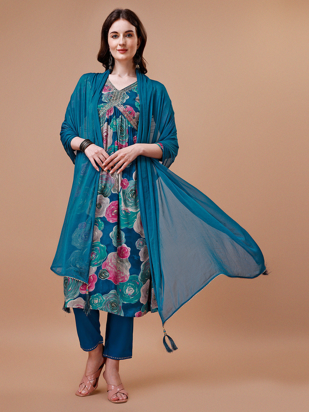 Alia Cut Floral Printed & Embroidered Rayon Kurta With Pant & Dupatta, Multicolor - Hiral Fashion