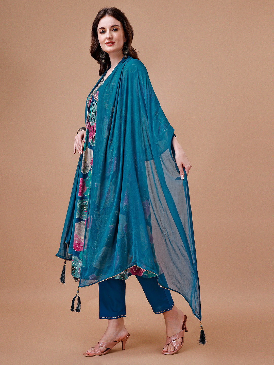 Alia Cut Floral Printed & Embroidered Rayon Kurta With Pant & Dupatta, Multicolor - Hiral Fashion