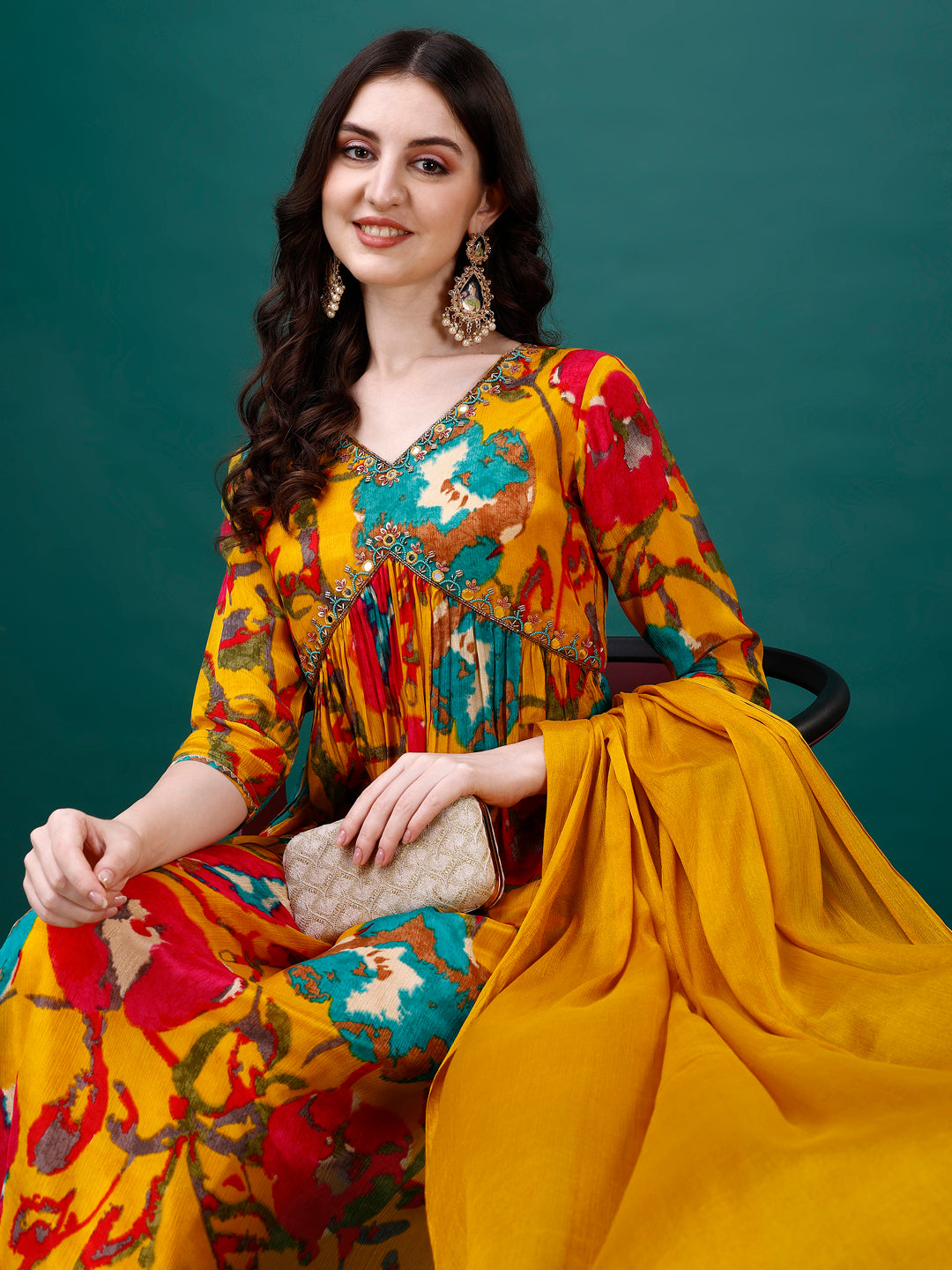 Alia Cut Hand Embroidered & Printed Pure Chinon Kurta With Pant & Dupatta, Multicolor - Hiral Fashion