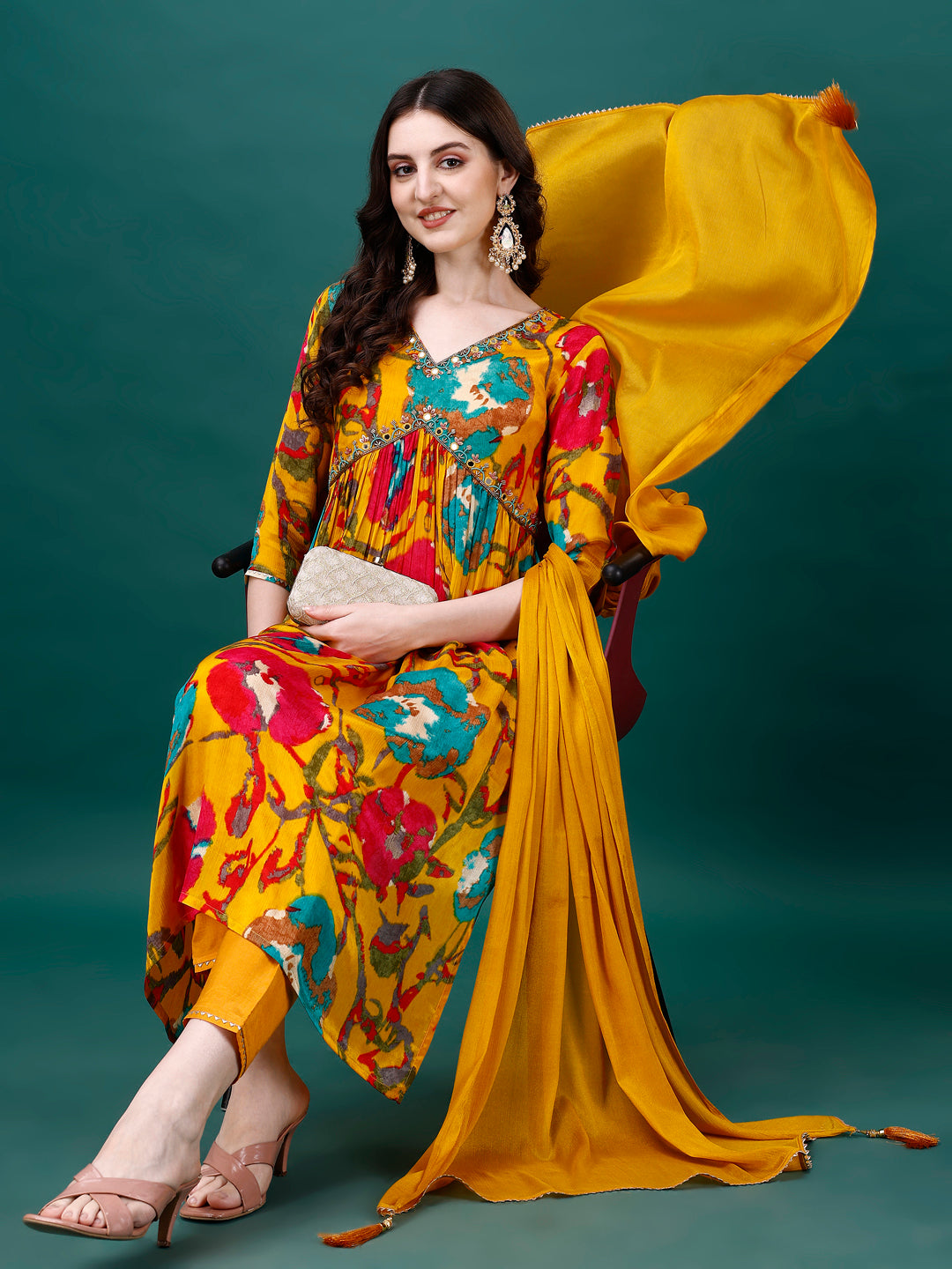 Alia Cut Hand Embroidered & Printed Pure Chinon Kurta With Pant & Dupatta, Multicolor - Hiral Fashion