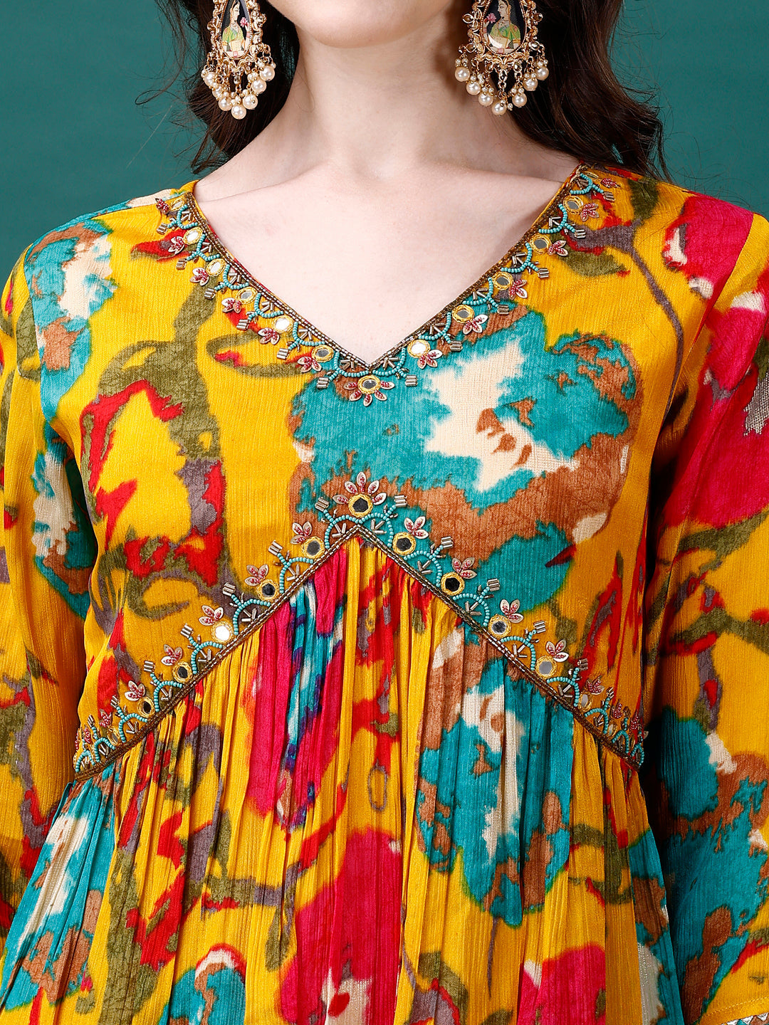 Alia Cut Hand Embroidered & Printed Pure Chinon Kurta With Pant & Dupatta, Multicolor - Hiral Fashion