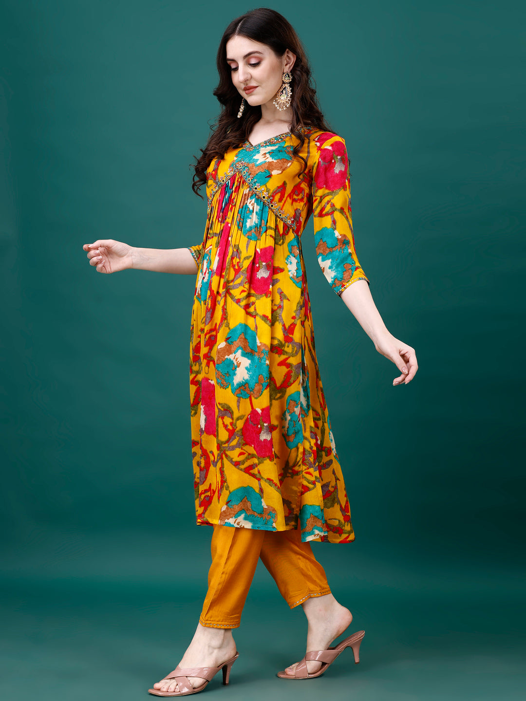 Alia Cut Hand Embroidered & Printed Pure Chinon Kurta With Pant & Dupatta, Multicolor - Hiral Fashion