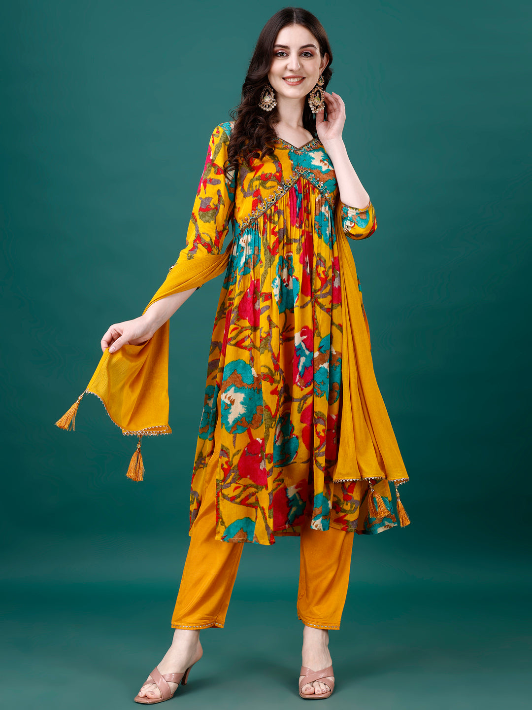 Alia Cut Hand Embroidered & Printed Pure Chinon Kurta With Pant & Dupatta, Multicolor - Hiral Fashion