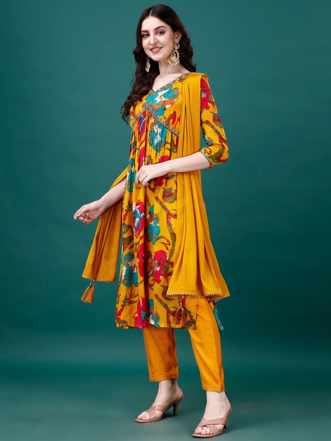 Alia Cut Hand Embroidered & Printed Pure Chinon Kurta With Pant & Dupatta, Multicolor - Hiral Fashion