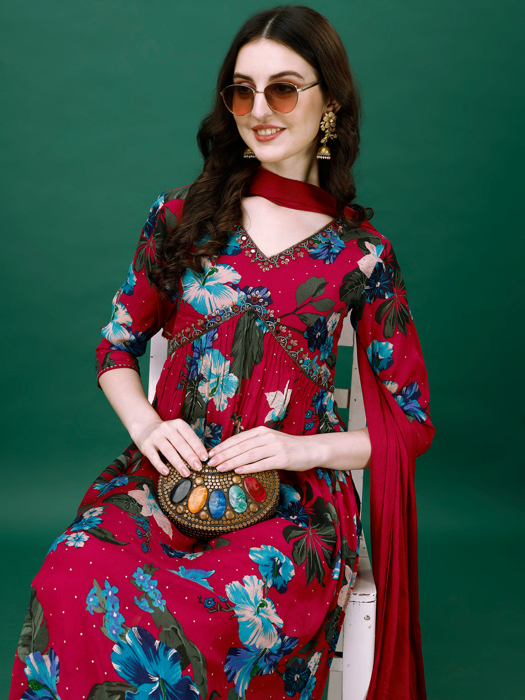 Alia Cut Hand Embroidered & Printed Pure Chinon Kurta With Pant & Dupatta, Multicolor - Hiral Fashion