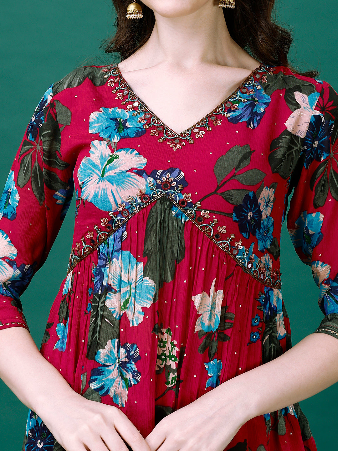 Alia Cut Hand Embroidered & Printed Pure Chinon Kurta With Pant & Dupatta, Multicolor - Hiral Fashion
