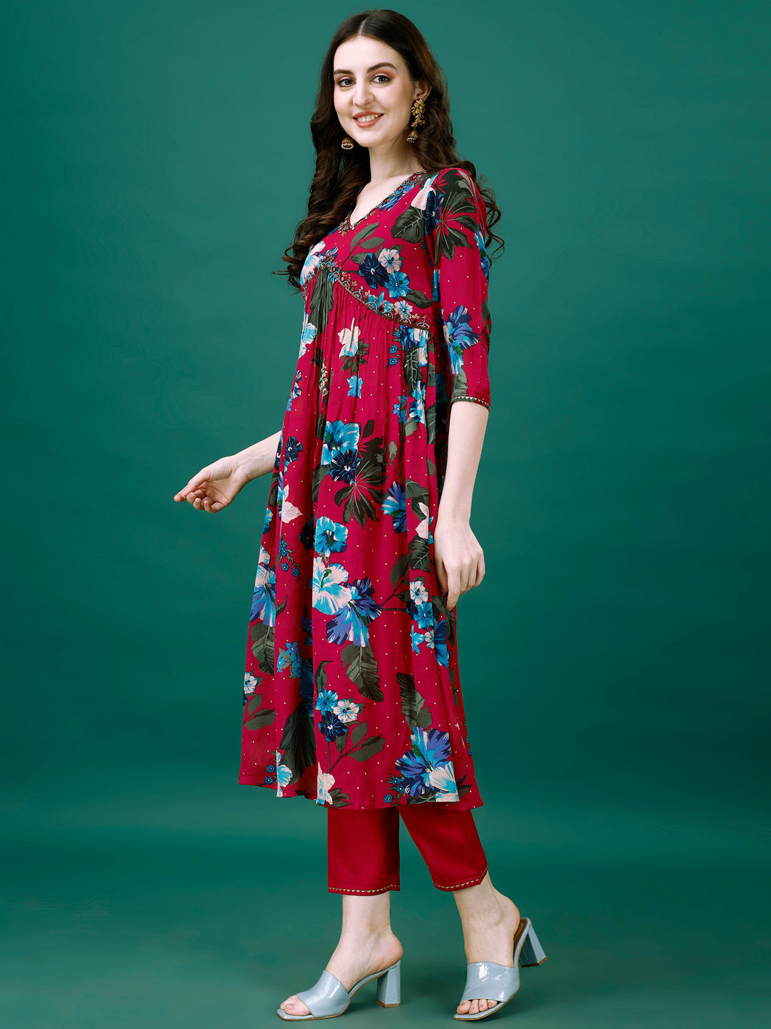Alia Cut Hand Embroidered & Printed Pure Chinon Kurta With Pant & Dupatta, Multicolor - Hiral Fashion
