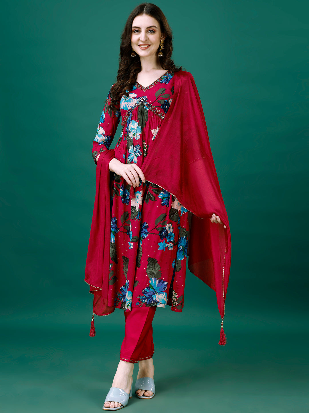 Alia Cut Hand Embroidered & Printed Pure Chinon Kurta With Pant & Dupatta, Multicolor - Hiral Fashion