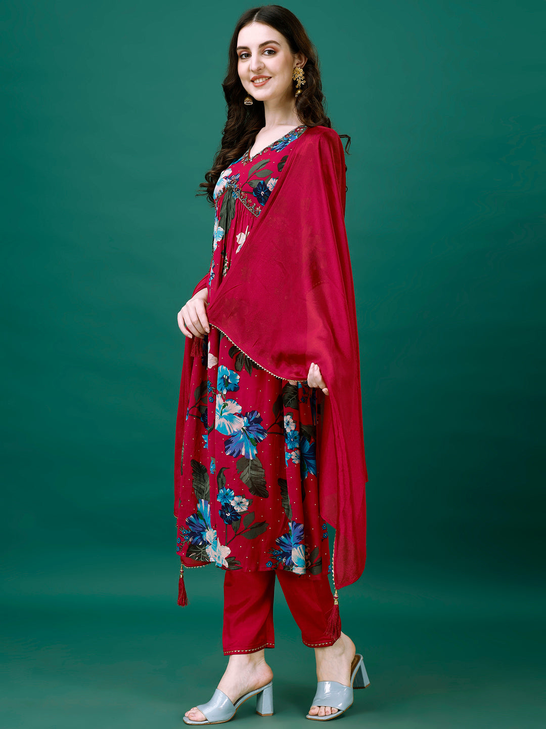 Alia Cut Hand Embroidered & Printed Pure Chinon Kurta With Pant & Dupatta, Multicolor - Hiral Fashion