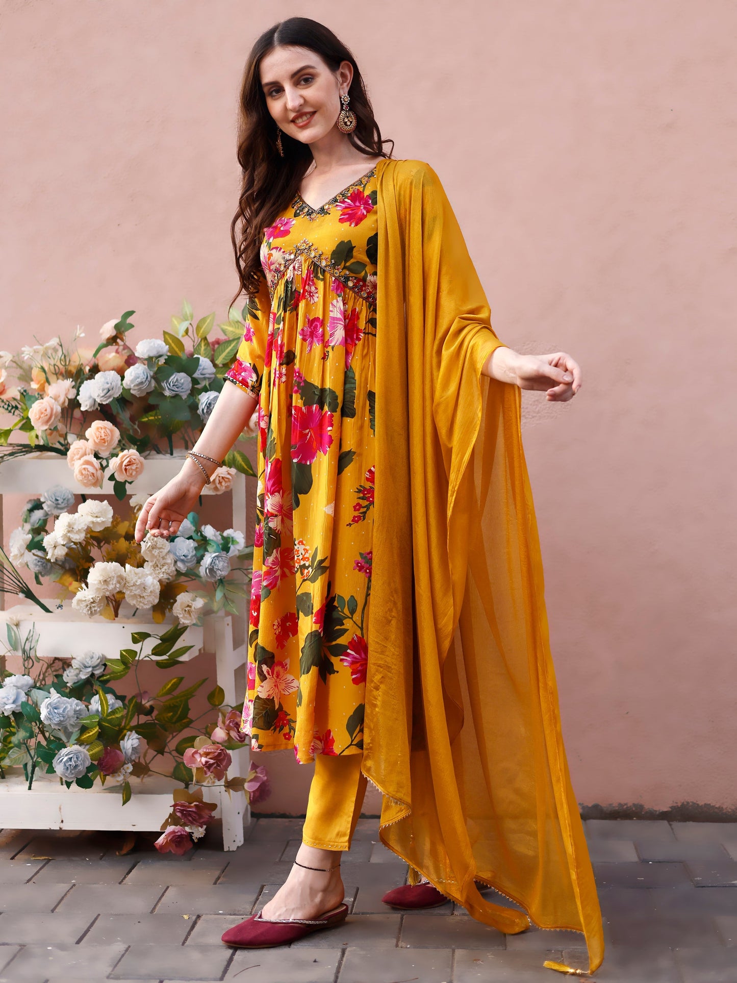 Alia Cut Hand Embroidered & Floral Printed Kurta With Pant & Dupatta Premium, Multicolor - Hiral Fashion