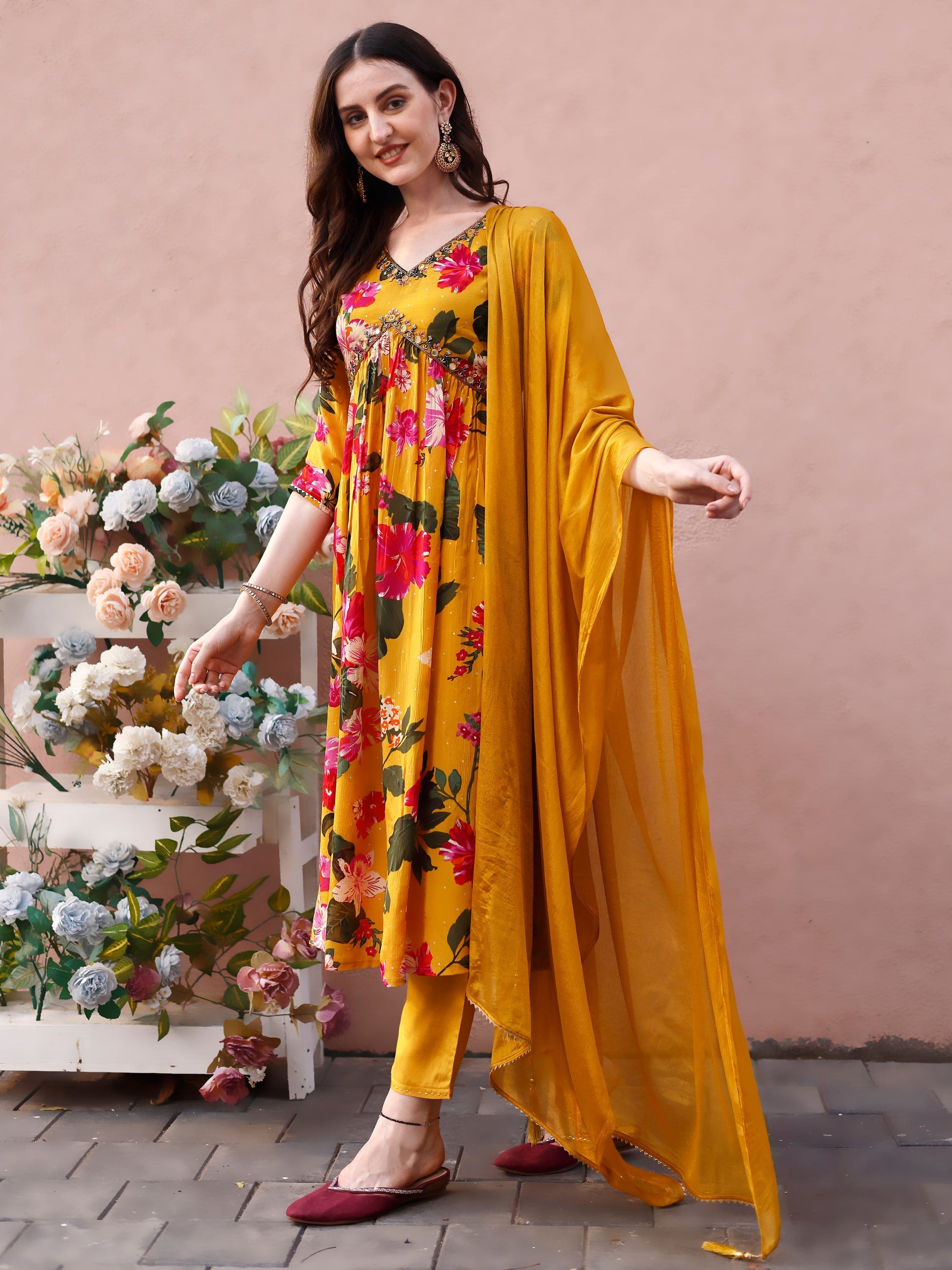Alia Cut Hand Embroidered & Floral Printed Kurta With Pant & Dupatta Premium, Multicolor - Hiral Fashion