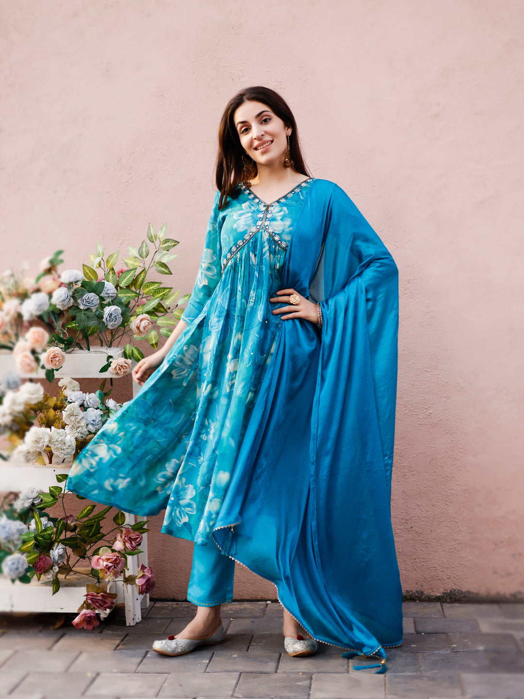 Alia Cut Hand Embroidered & Floral Printed Kurta With Pant & Dupatta Premium, Multicolor - Hiral Fashion