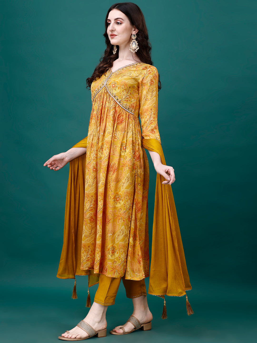 Alia Cut Hand Embroidered & Printed Pure Chinon Kurta With Pant & Dupatta, Multicolor - Hiral Fashion