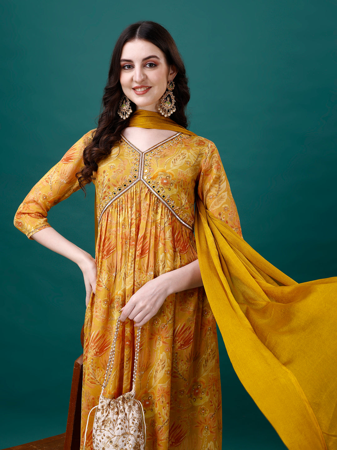 Alia Cut Hand Embroidered & Printed Pure Chinon Kurta With Pant & Dupatta, Multicolor - Hiral Fashion