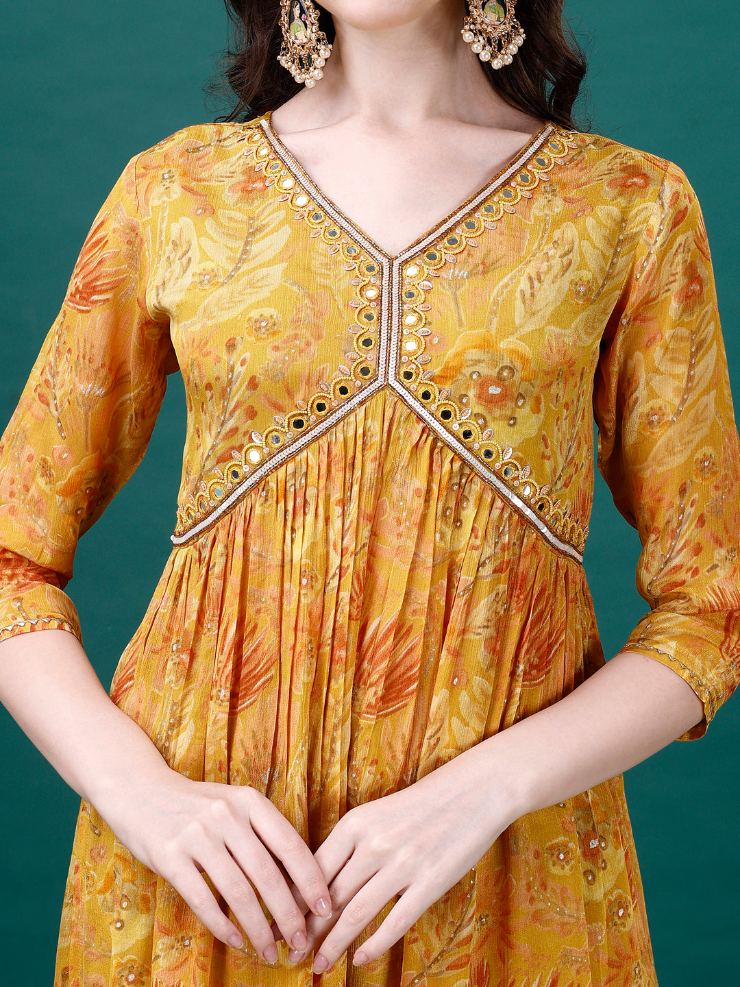 Alia Cut Hand Embroidered & Printed Pure Chinon Kurta With Pant & Dupatta, Multicolor - Hiral Fashion