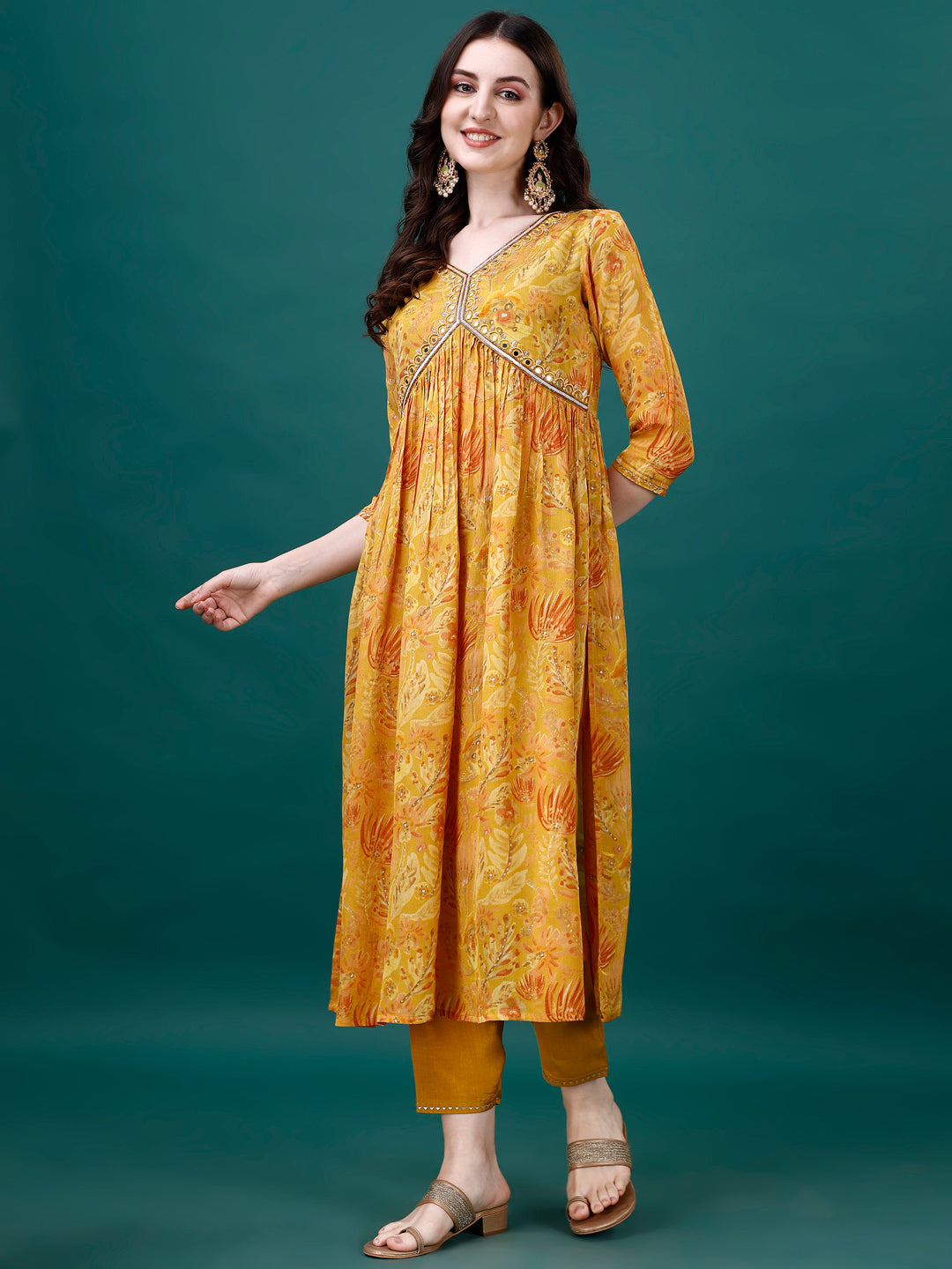 Alia Cut Hand Embroidered & Printed Pure Chinon Kurta With Pant & Dupatta, Multicolor - Hiral Fashion