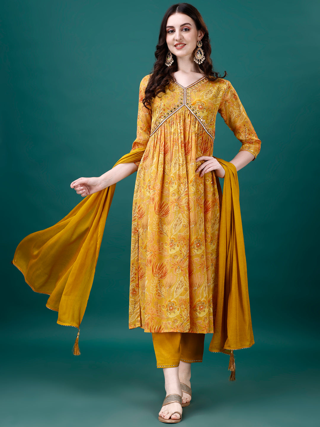 Alia Cut Hand Embroidered & Printed Pure Chinon Kurta With Pant & Dupatta, Multicolor - Hiral Fashion