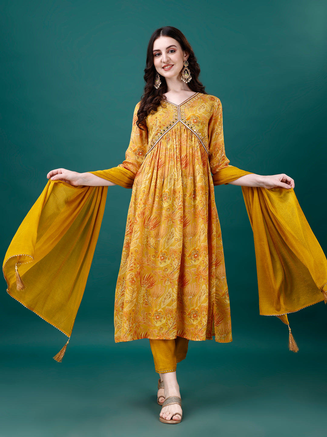 Alia Cut Hand Embroidered & Printed Pure Chinon Kurta With Pant & Dupatta, Multicolor - Hiral Fashion
