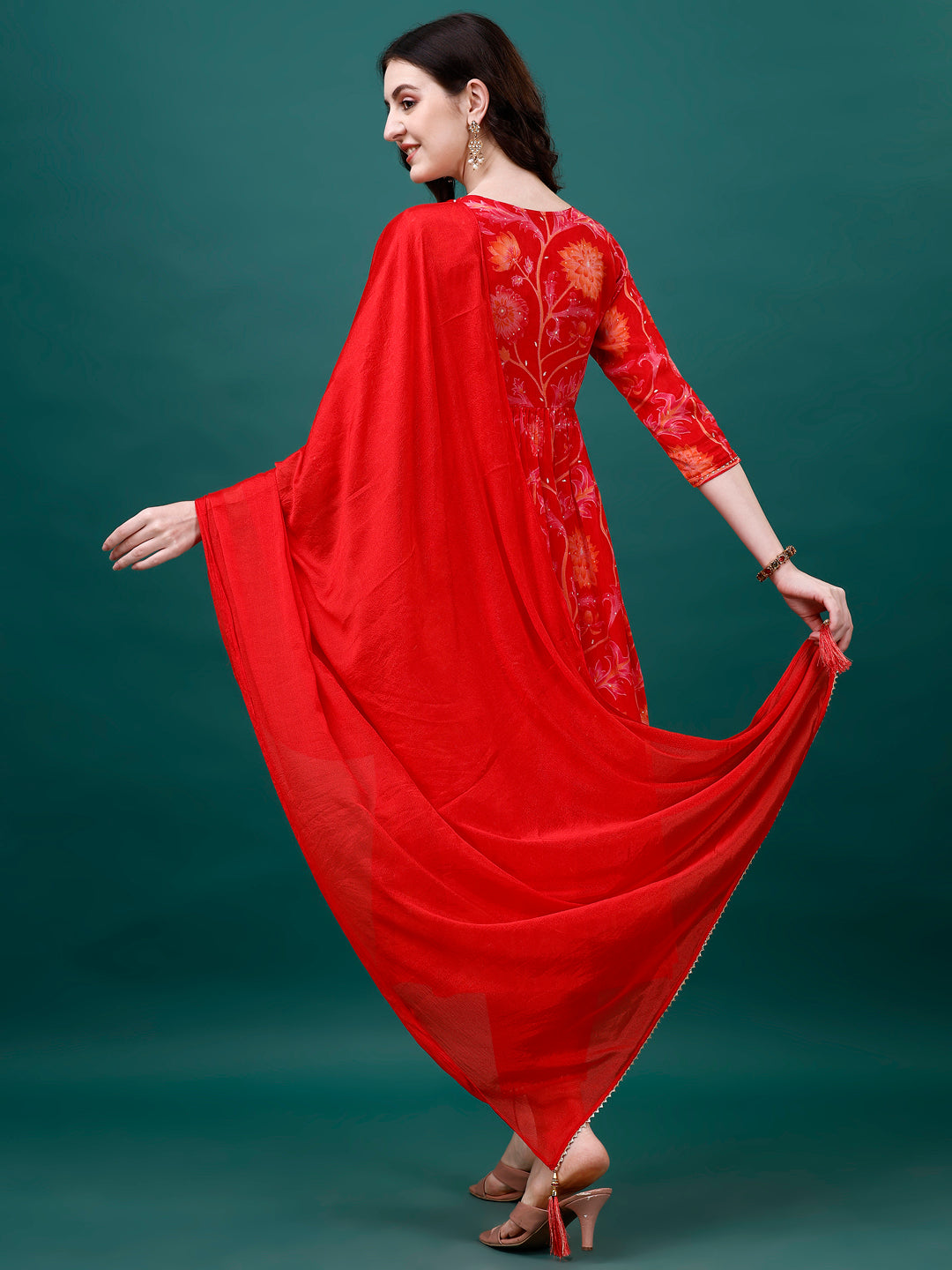Alia Cut Hand Embroidered & Printed Pure Chinon Kurta With Pant & Dupatta, Multicolor - Hiral Fashion
