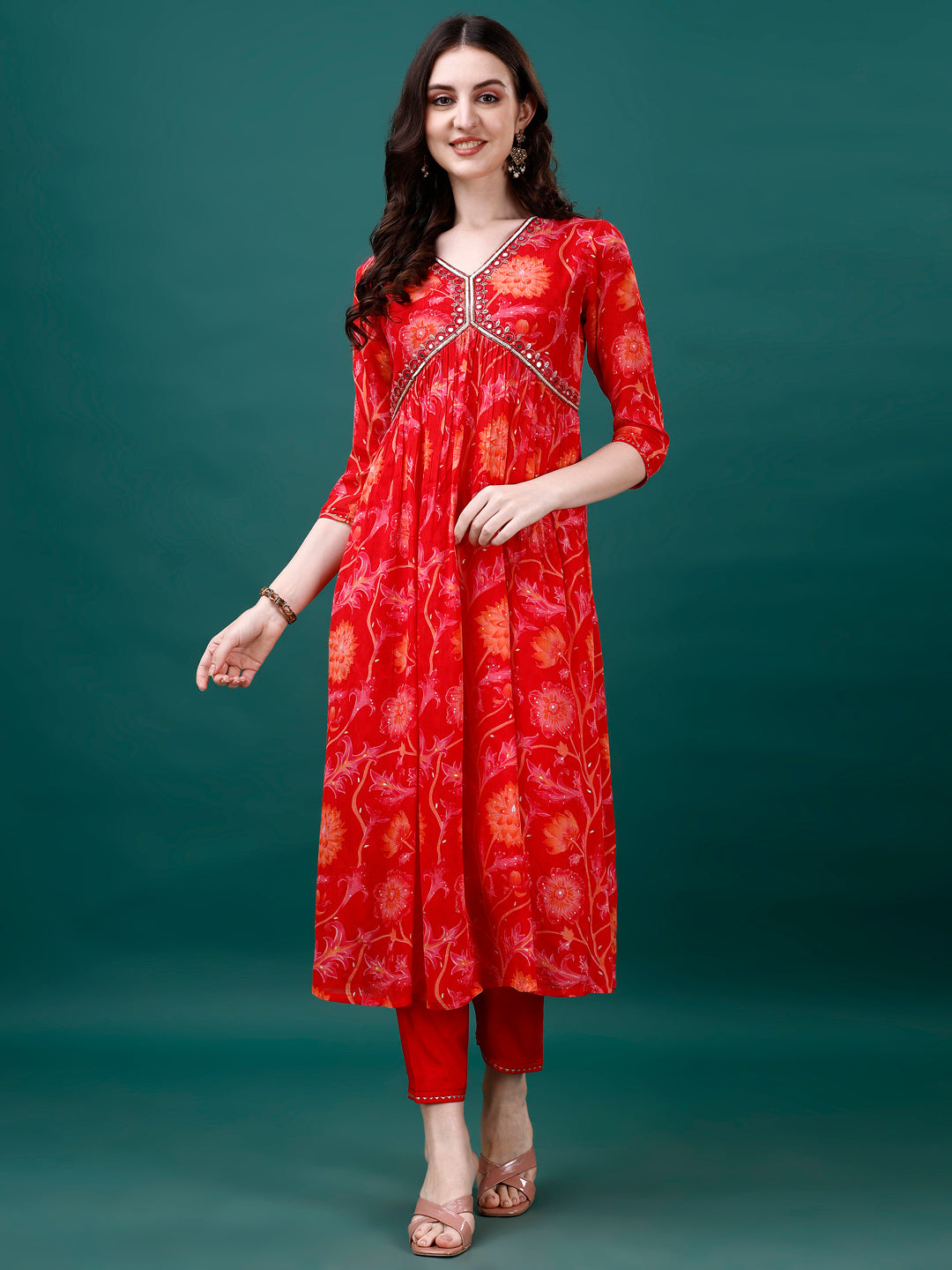 Alia Cut Hand Embroidered & Printed Pure Chinon Kurta With Pant & Dupatta, Multicolor - Hiral Fashion