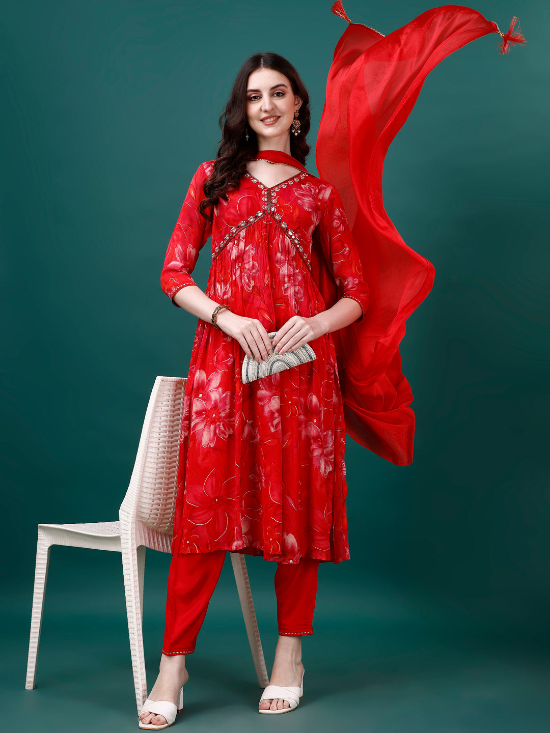 Alia Cut Hand Embroidered & Printed Pure Chinon Kurat With Pant & Dupatta, Multicolor - Hiral Fashion