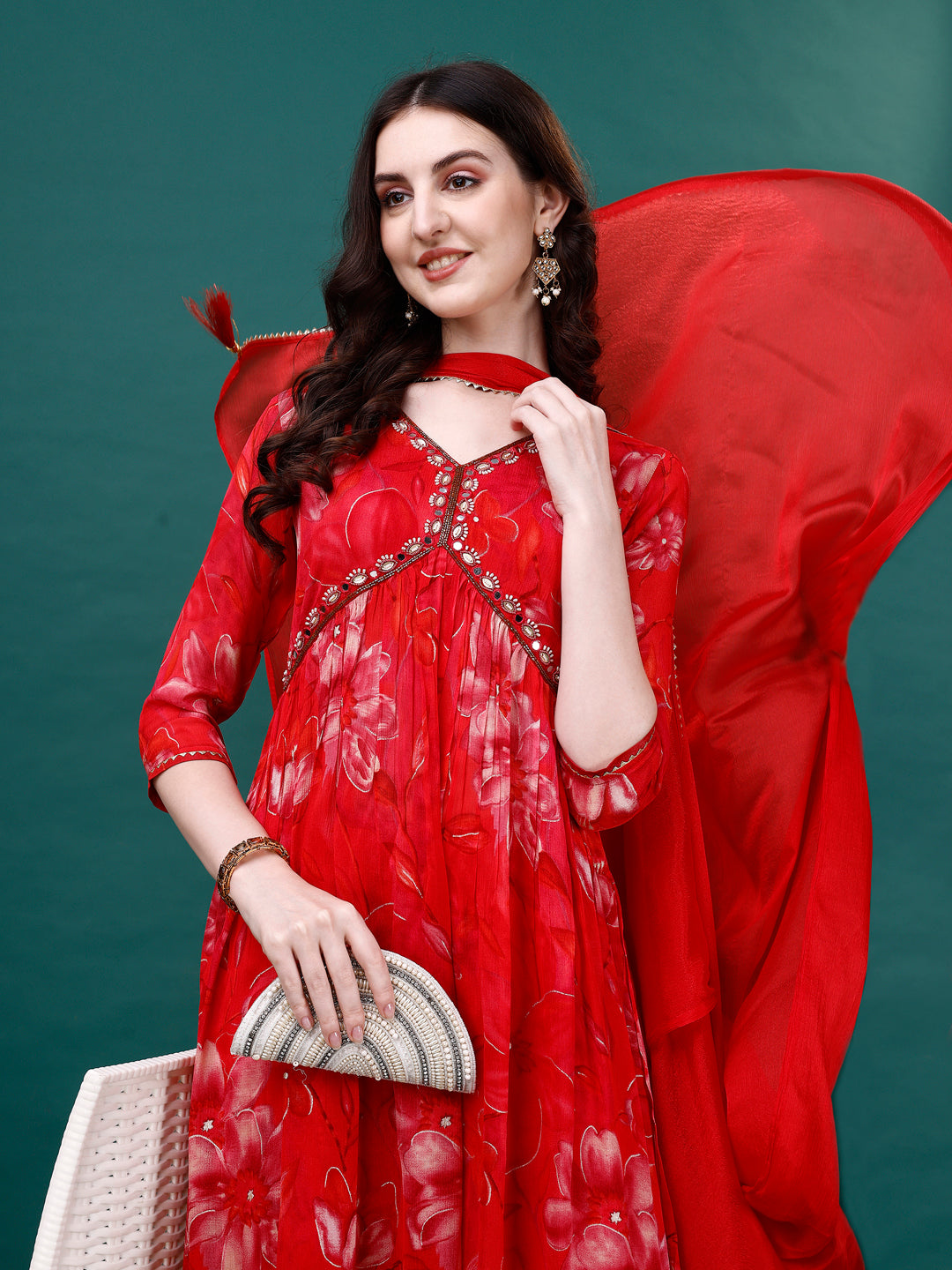 Alia Cut Hand Embroidered & Printed Pure Chinon Kurat With Pant & Dupatta, Multicolor - Hiral Fashion