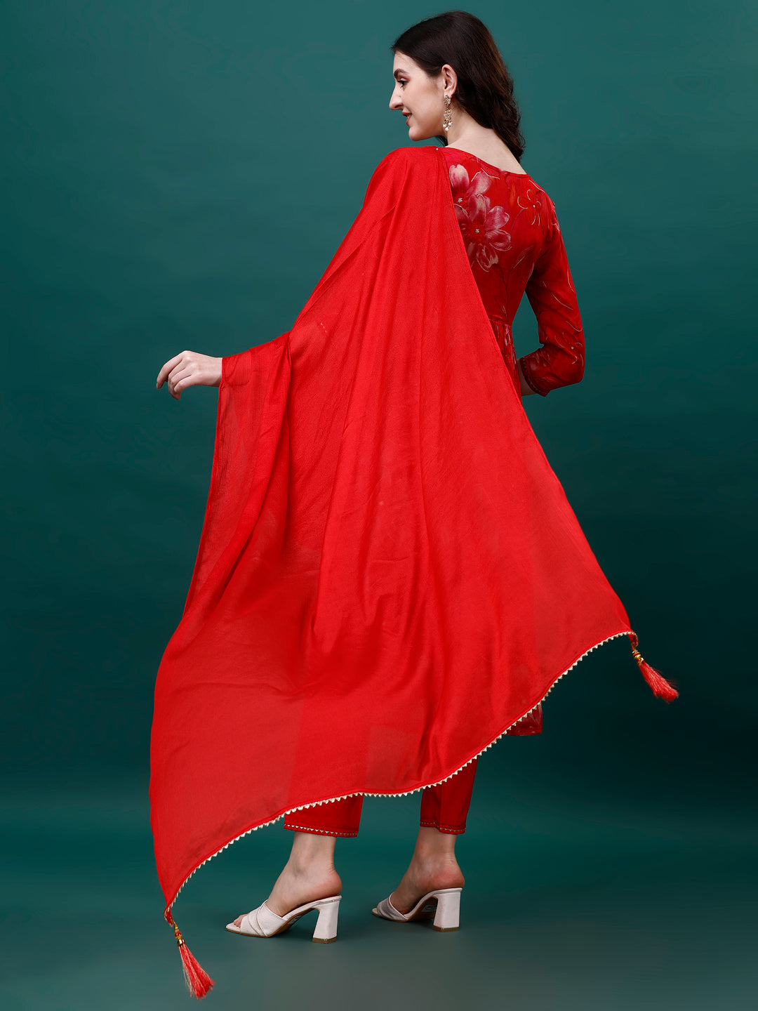 Alia Cut Hand Embroidered & Printed Pure Chinon Kurat With Pant & Dupatta, Multicolor - Hiral Fashion