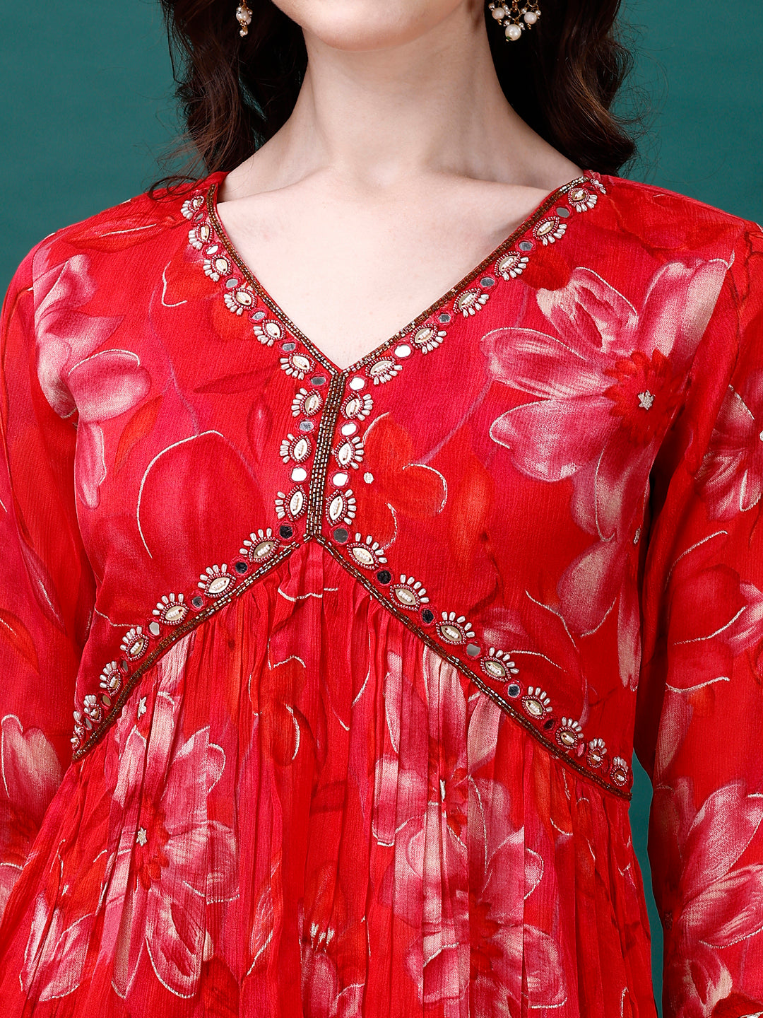 Alia Cut Hand Embroidered & Printed Pure Chinon Kurat With Pant & Dupatta, Multicolor - Hiral Fashion