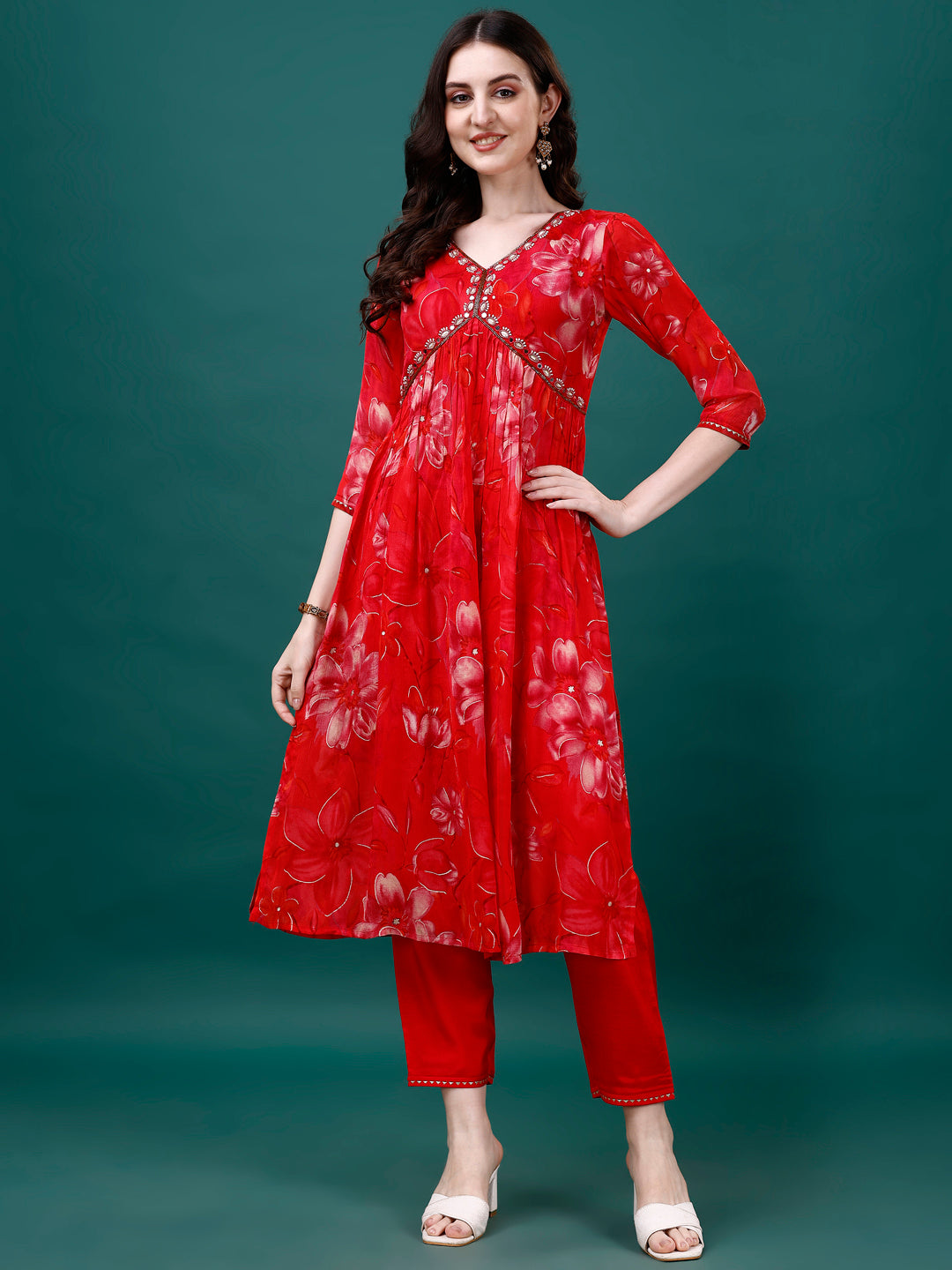 Alia Cut Hand Embroidered & Printed Pure Chinon Kurat With Pant & Dupatta, Multicolor - Hiral Fashion