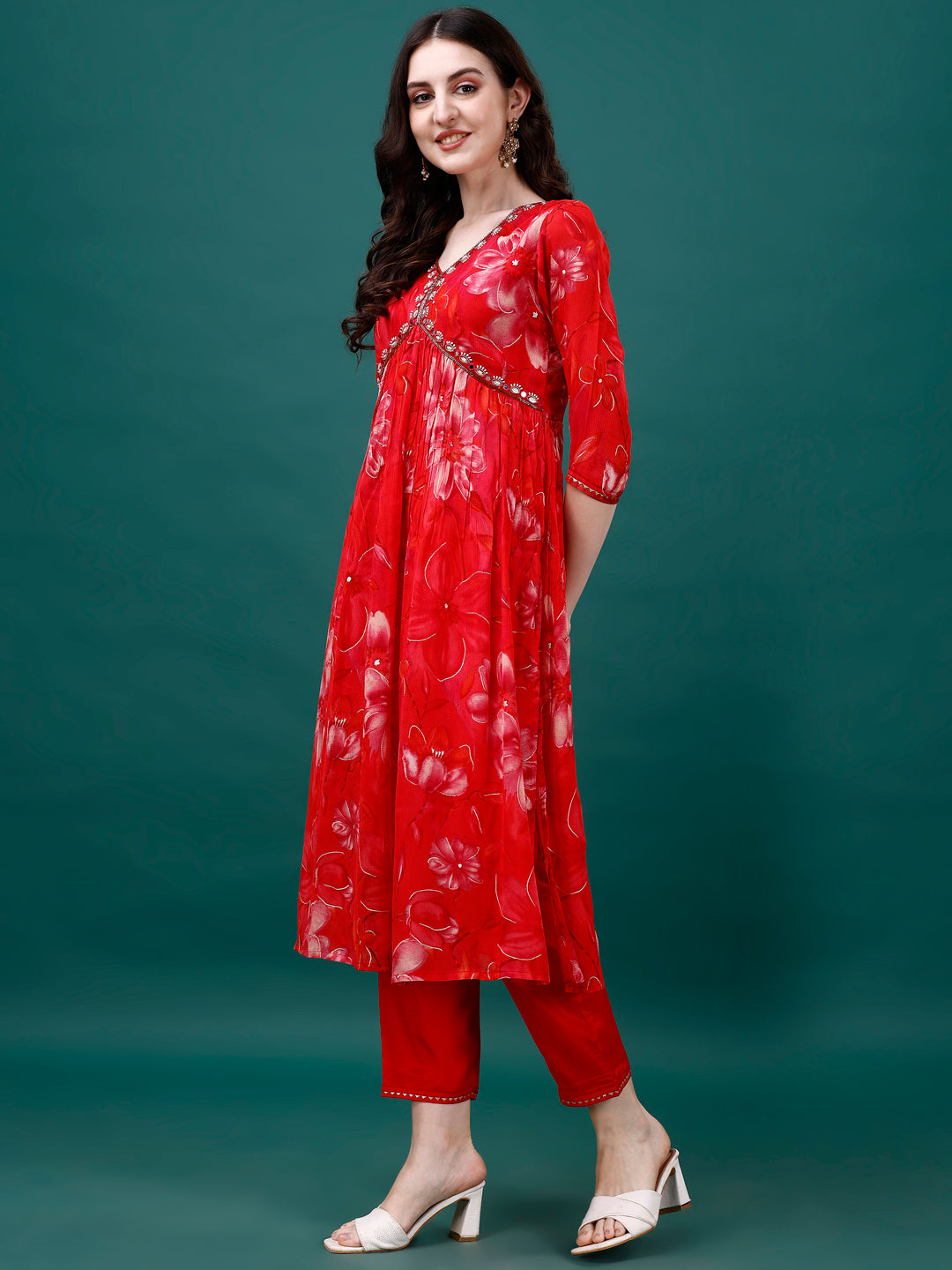 Alia Cut Hand Embroidered & Printed Pure Chinon Kurat With Pant & Dupatta, Multicolor - Hiral Fashion